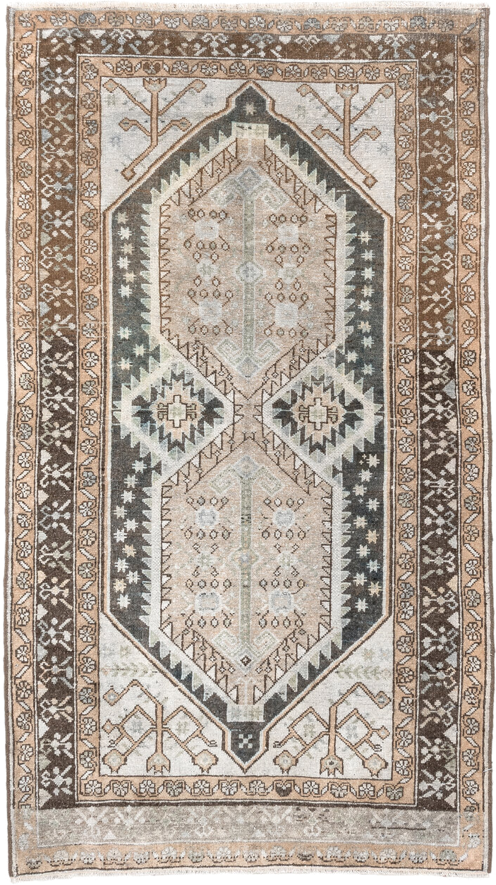 3' x 5' one-of-a-kind handmade vintage Anatolian small size rug. Color palette: ivory, taupe, brown, charcoal, beige, camel