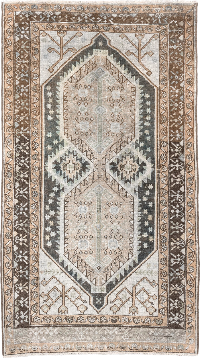 3' x 5' one-of-a-kind handmade vintage Anatolian small size rug. Color palette: black, brown, gainsboro, gray, light gray