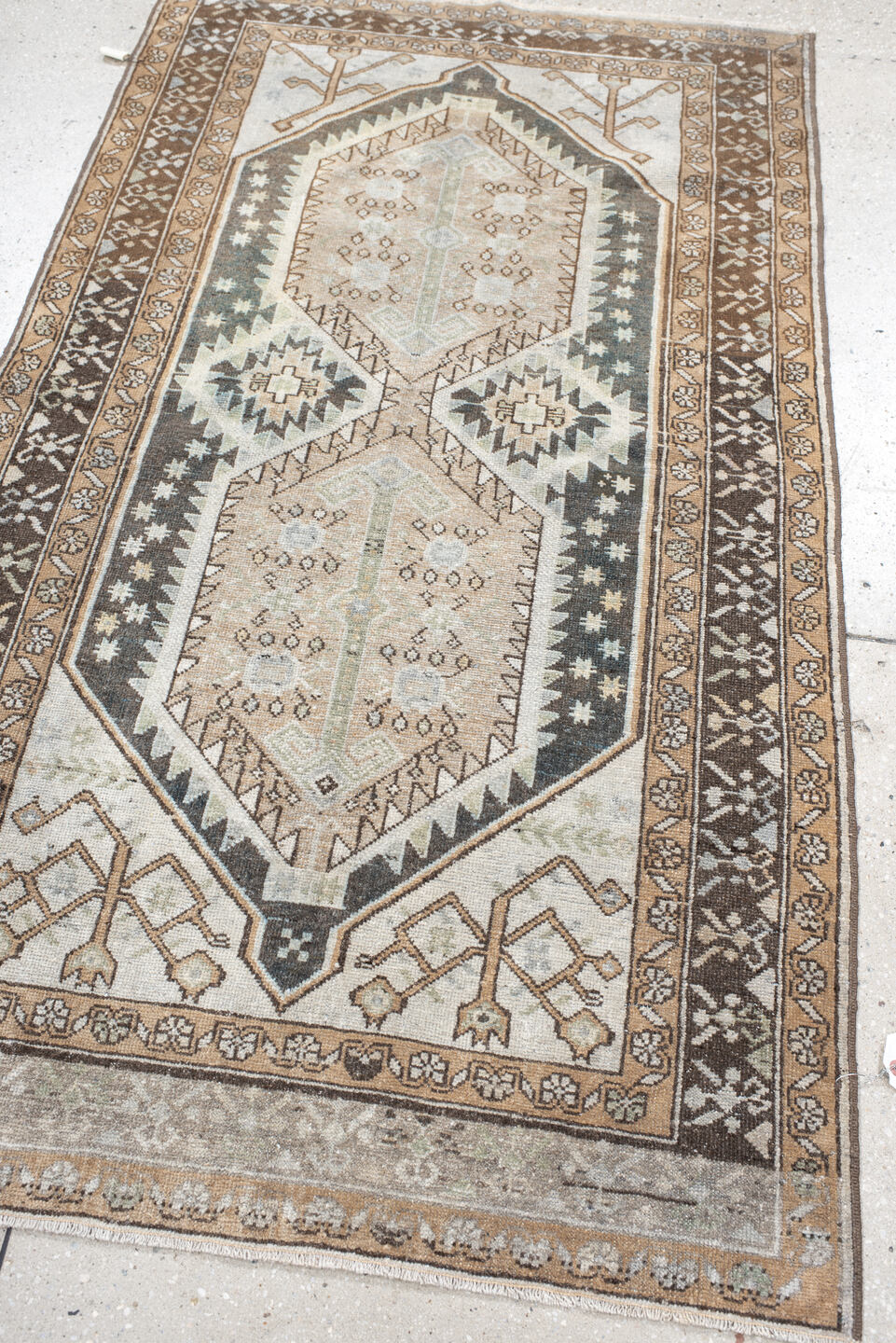 3' x 5' one-of-a-kind handmade vintage Anatol small size rug. Color palette: brown, off-white, gray, orange, black