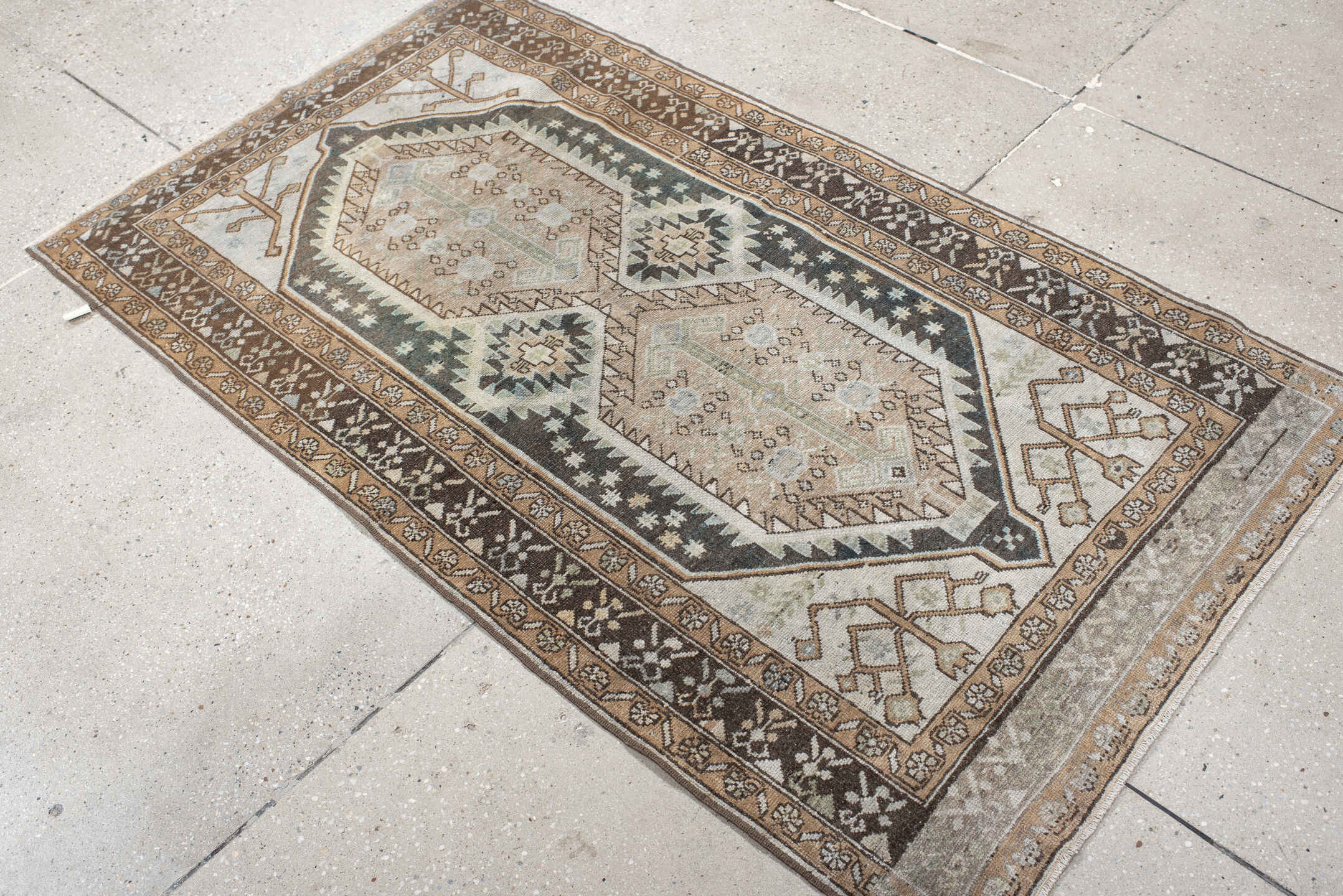 3' x 5' one-of-a-kind handmade vintage Anatolian small size rug. Color palette: ivory, taupe, brown, charcoal, beige, camel