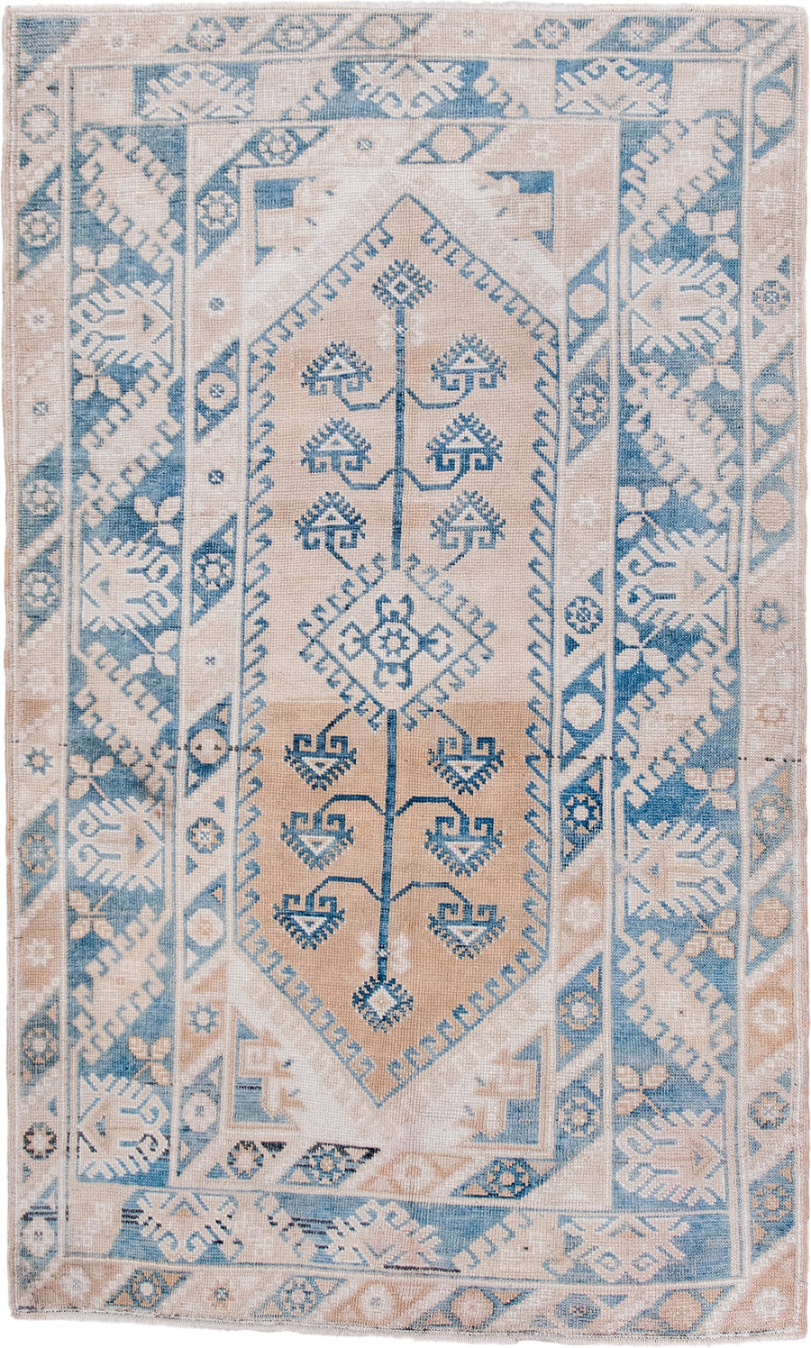 4' x 6' one-of-a-kind handmade antique Anatolian small size rug. Color palette: ivory, sky blue, beige, taupe, camel