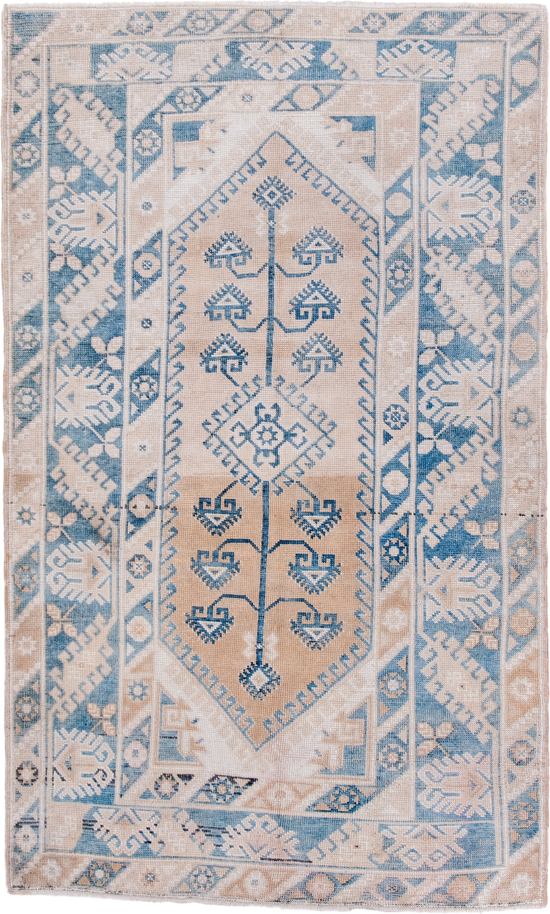 4' x 6' one-of-a-kind handmade antique Anatolian small size rug. Color palette: ivory, sky blue, beige, taupe, camel