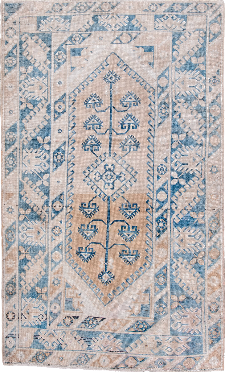 4' x 6' one-of-a-kind handmade vintage Anatolian small size rug. Color palette: blue, brown, dark gray, gainsboro, gray