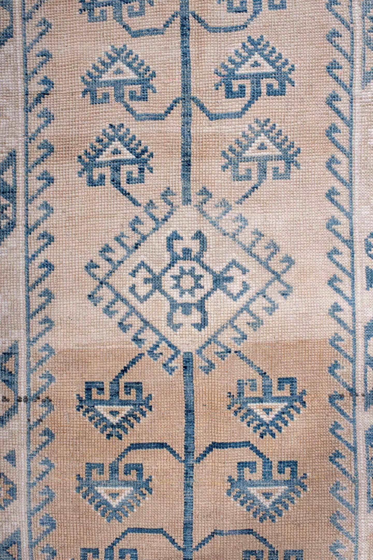 4' x 6' one-of-a-kind handmade antique Anatolian small size rug. Color palette: ivory, sky blue, beige, taupe, camel