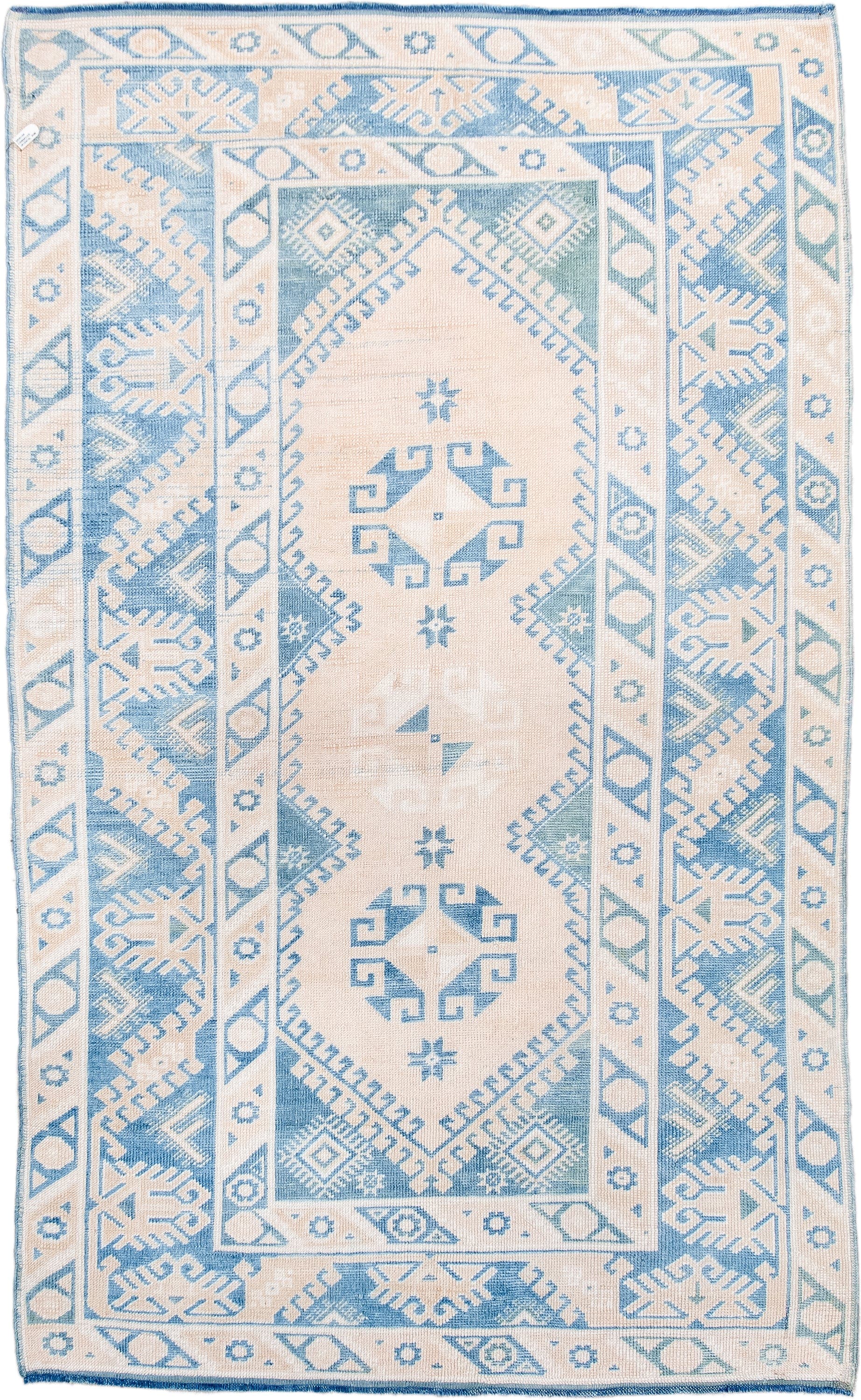 3' x 6' one-of-a-kind handmade antique Anatolian small size rug. Color palette: ivory, sky blue, powder blue, light blue