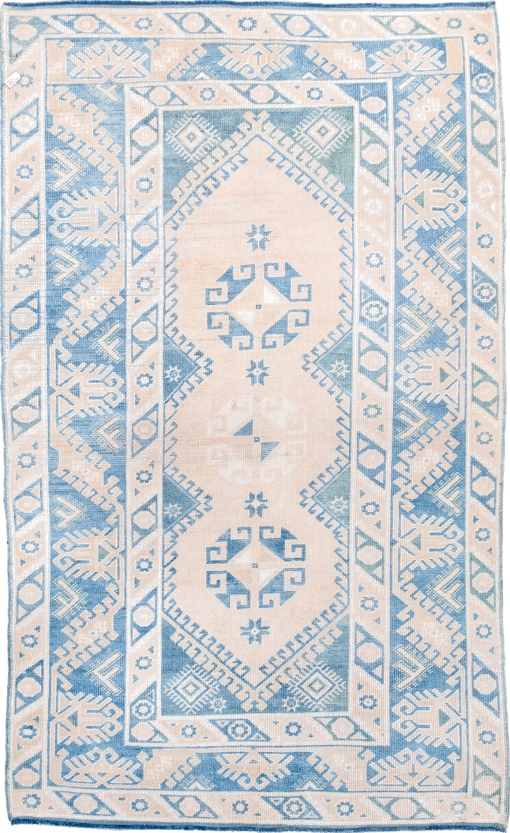 3' x 6' one-of-a-kind handmade vintage Anatolian small size rug. Color palette: blue, dark gray, floral white, gainsboro