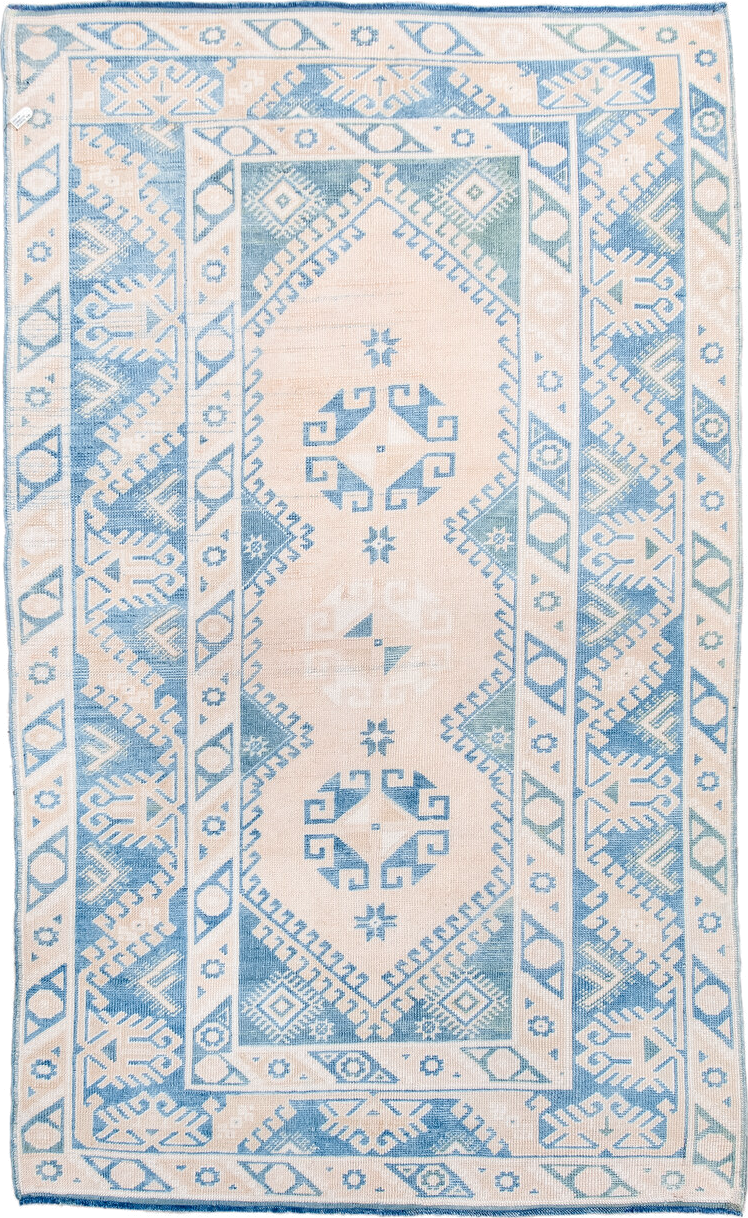 3' x 6' one-of-a-kind handmade antique Anatolian small size rug. Color palette: ivory, sky blue, powder blue, light blue