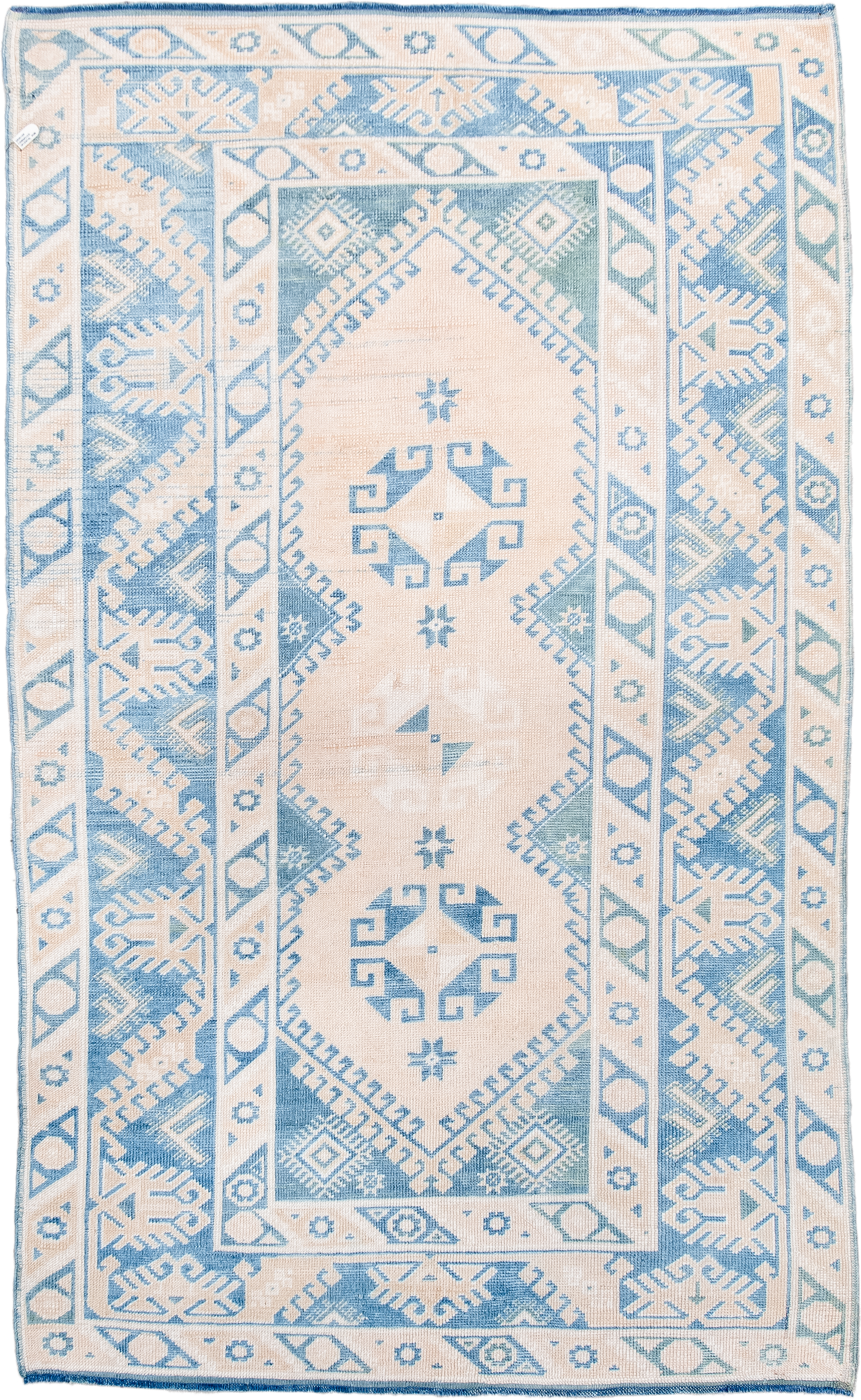 3' x 6' one-of-a-kind handmade antique Anatolian small size rug. Color palette: ivory, sky blue, powder blue, light blue
