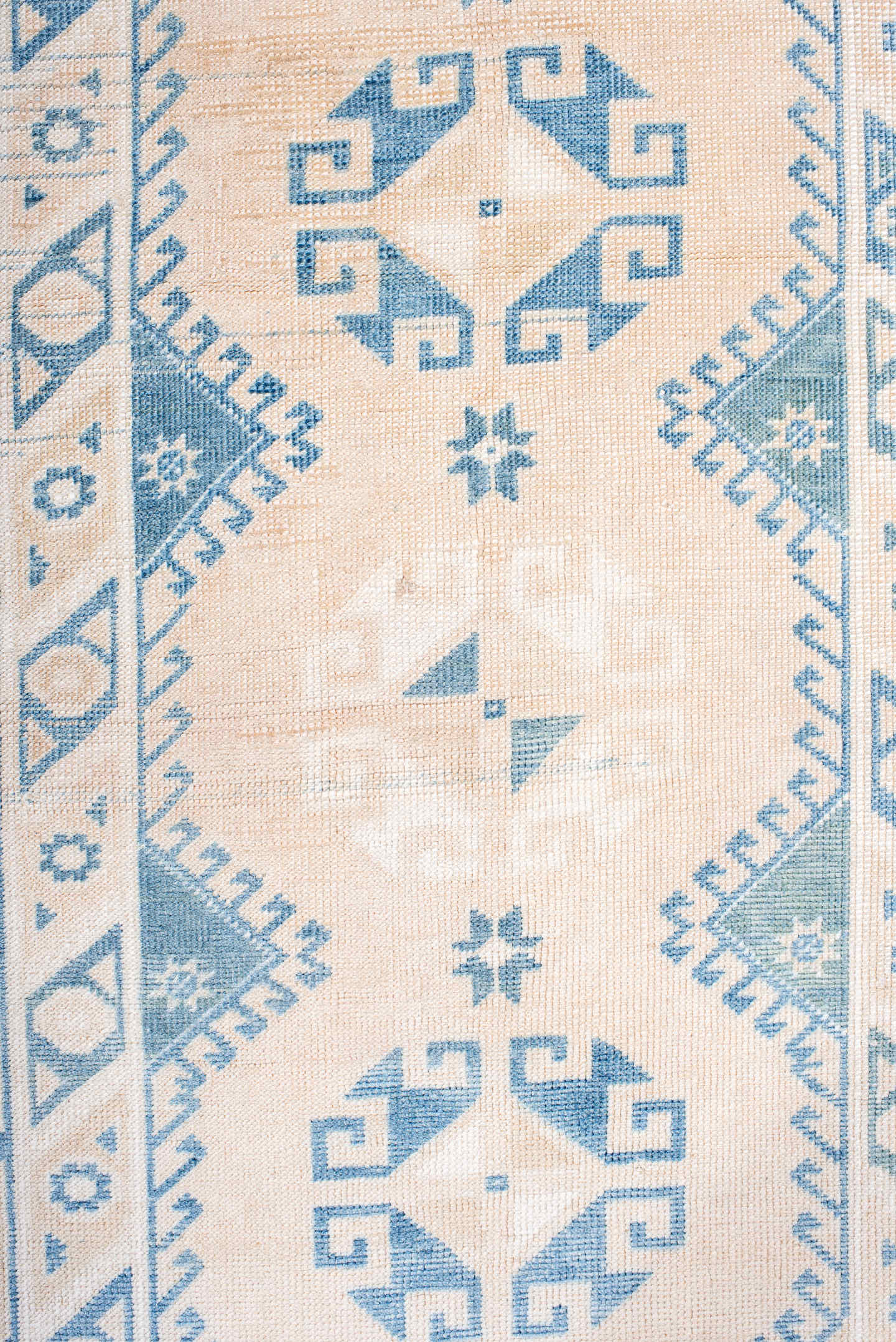 3' x 6' one-of-a-kind handmade antique Anatolian small size rug. Color palette: ivory, sky blue, powder blue, light blue