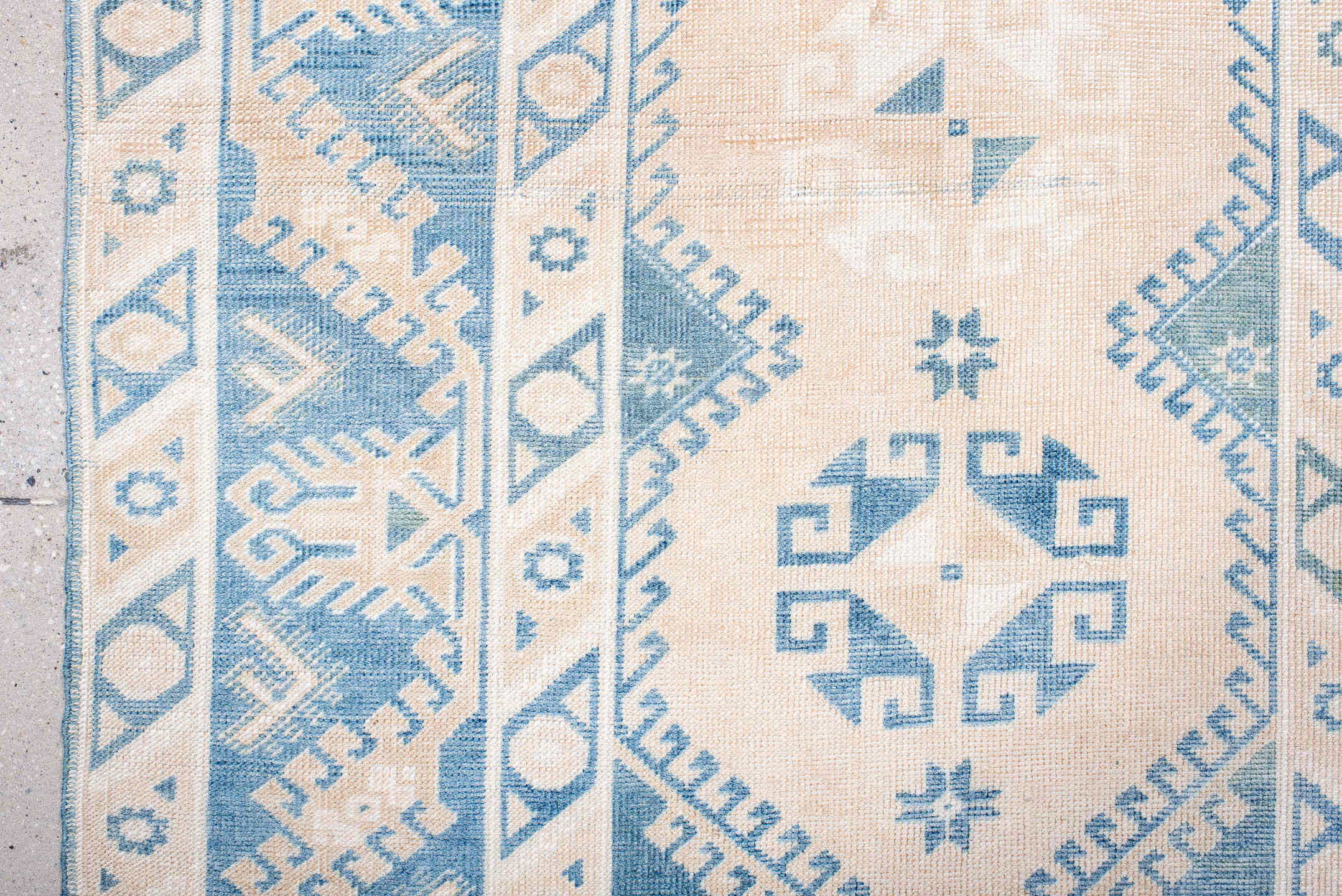 3' x 6' one-of-a-kind handmade antique Anatolian small size rug. Color palette: ivory, sky blue, powder blue, light blue