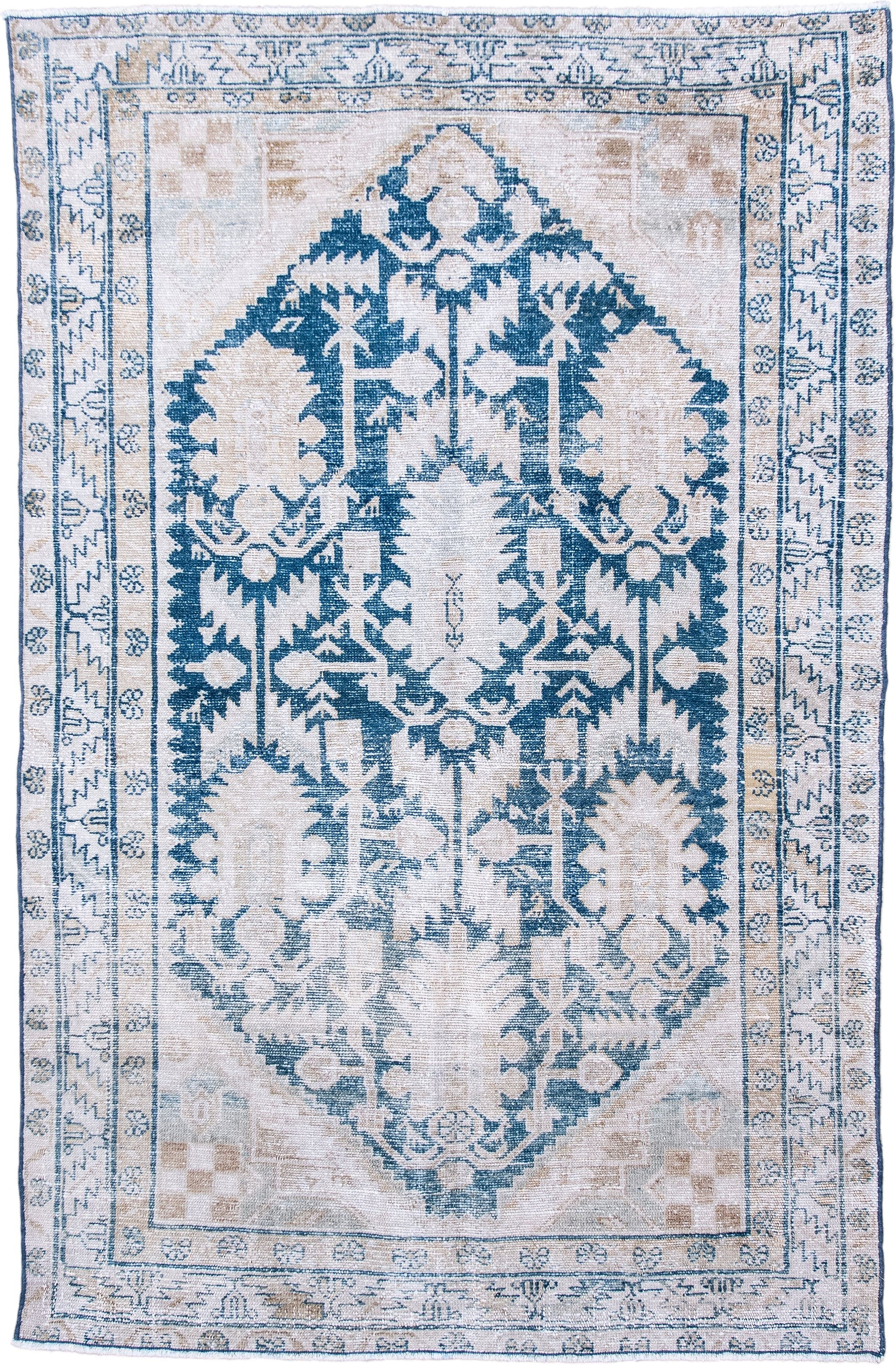 4' x 6' one-of-a-kind handmade antique Hamadan small size rug. Color palette: ivory, sky blue, beige, taupe, light blue