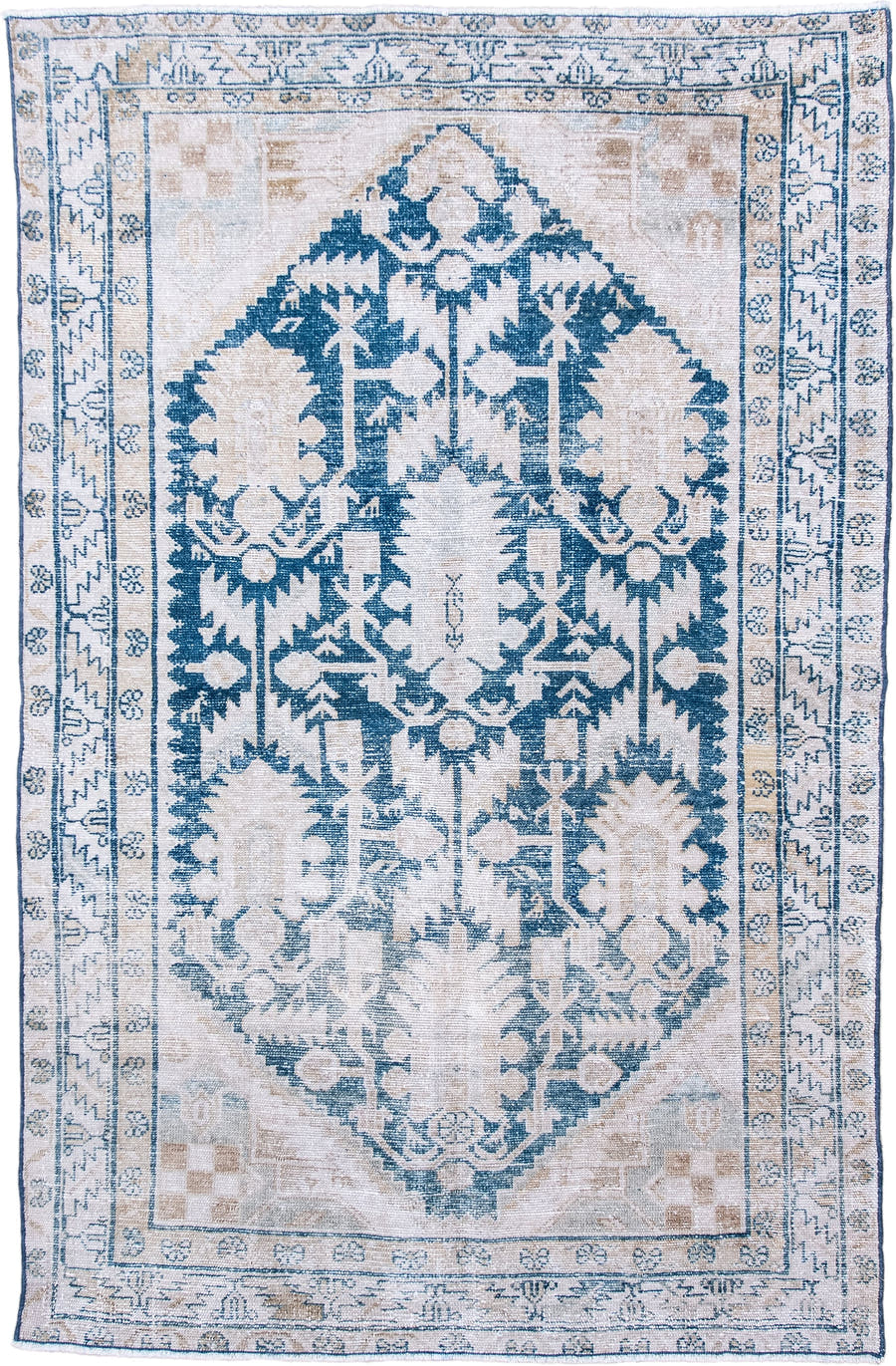 4' x 6' one-of-a-kind handmade antique Hamadan small size rug. Color palette: ivory, sky blue, beige, taupe, light blue