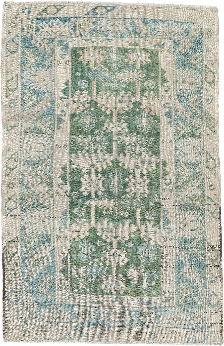 3' x 6' one-of-a-kind handmade antique Anatolian small size rug. Color palette: ivory, sage, pale aqua, cream, seafoam