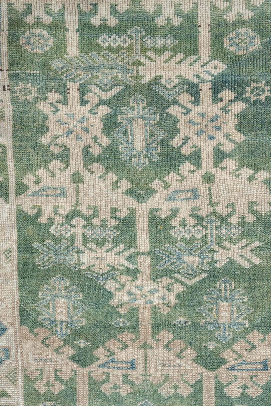 3' x 6' one-of-a-kind handmade antique Anatolian small size rug. Color palette: ivory, sage, pale aqua, cream, seafoam