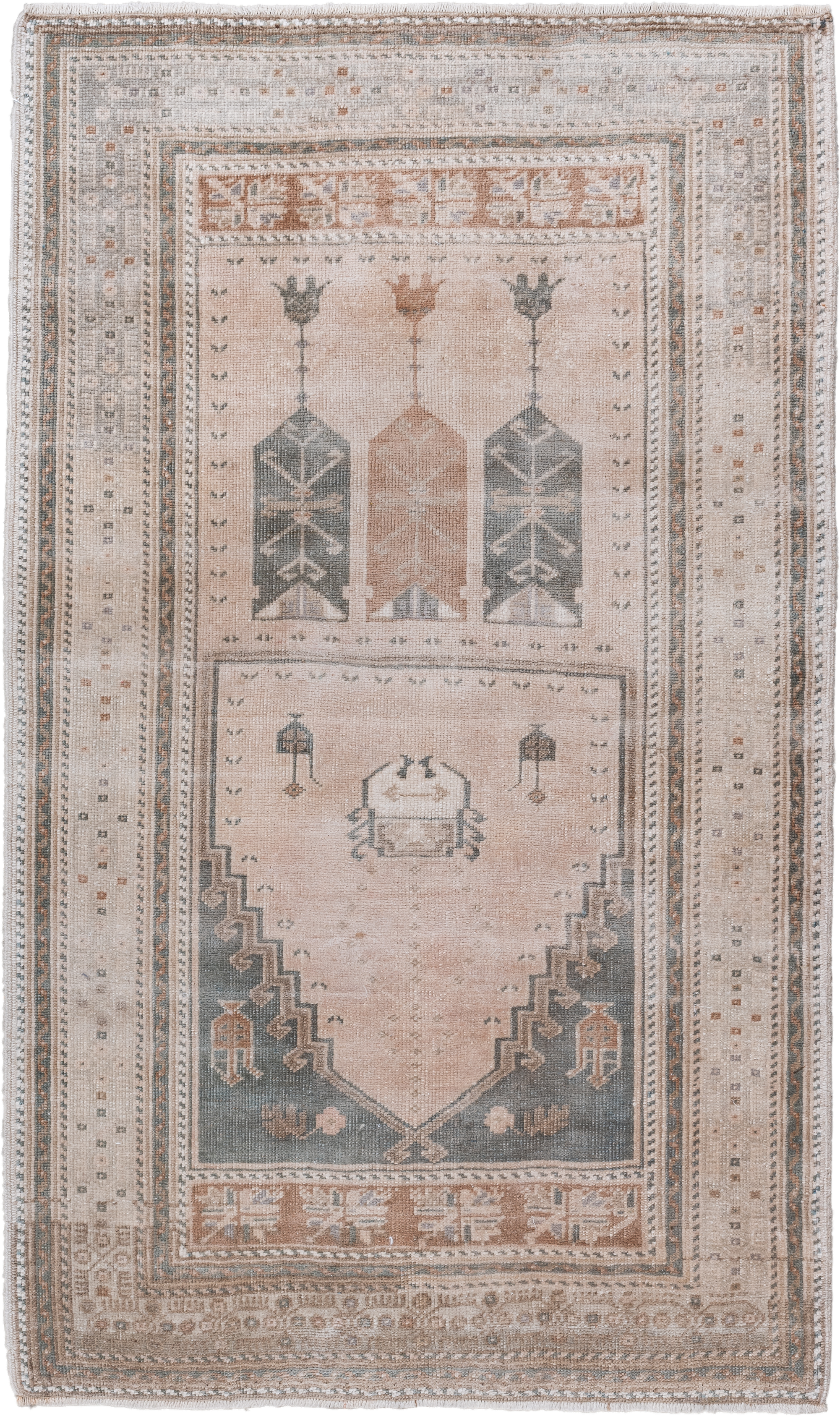 3' x 5' one-of-a-kind handmade vintage Anatolian small size rug. Color palette: ivory, blush, taupe, slate, camel, rust