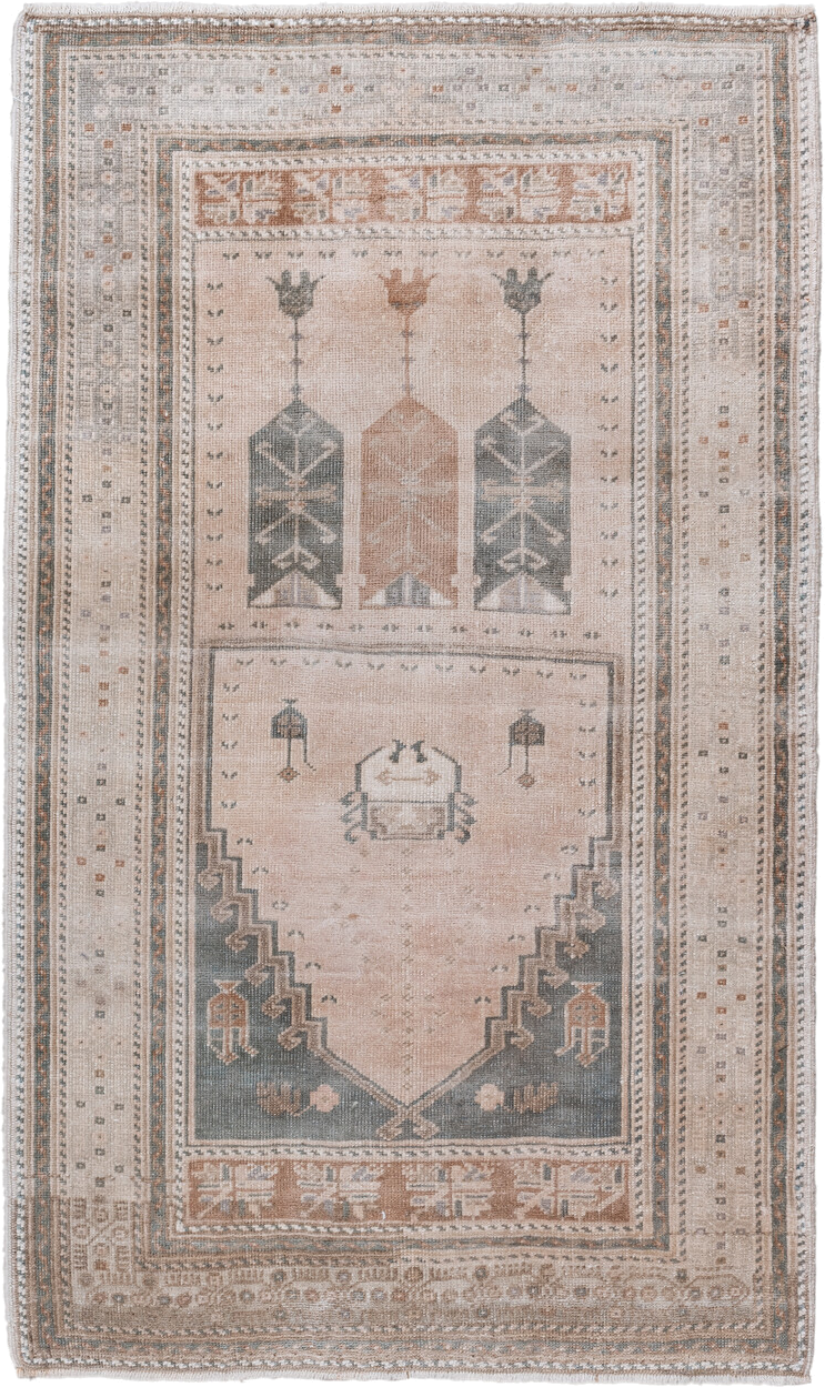 3' x 5' one-of-a-kind handmade vintage Anatolian small size rug. Color palette: ivory, blush, taupe, slate, camel, rust