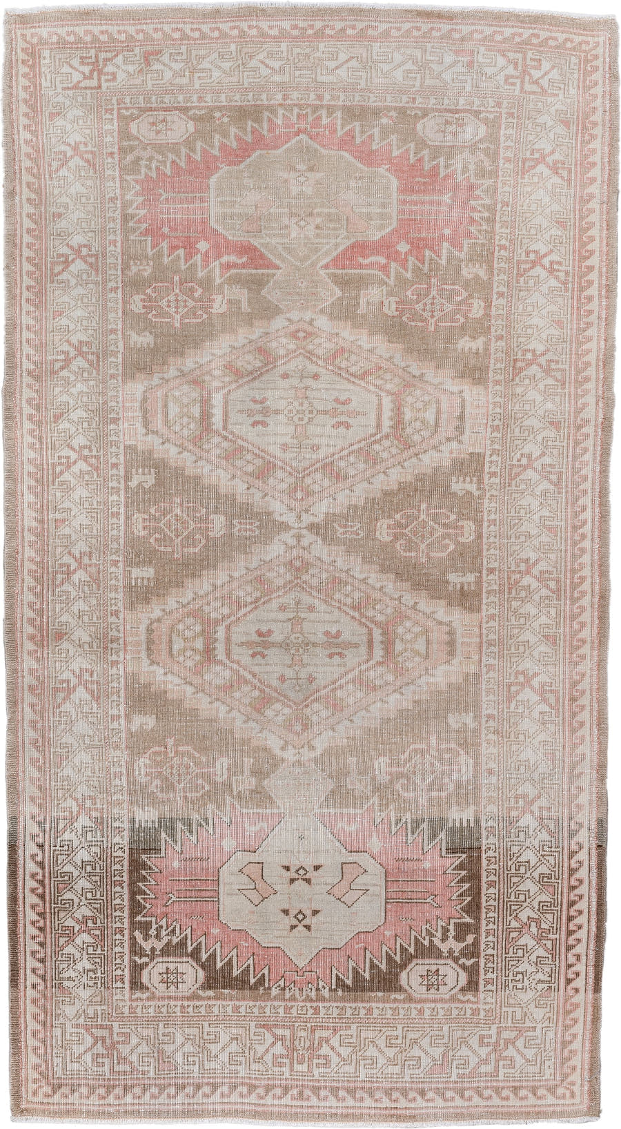 4' x 7' one-of-a-kind handmade vintage Sarab rug. Color palette: taupe, ivory, blush, brown, rose, cream, beige, gray, pink