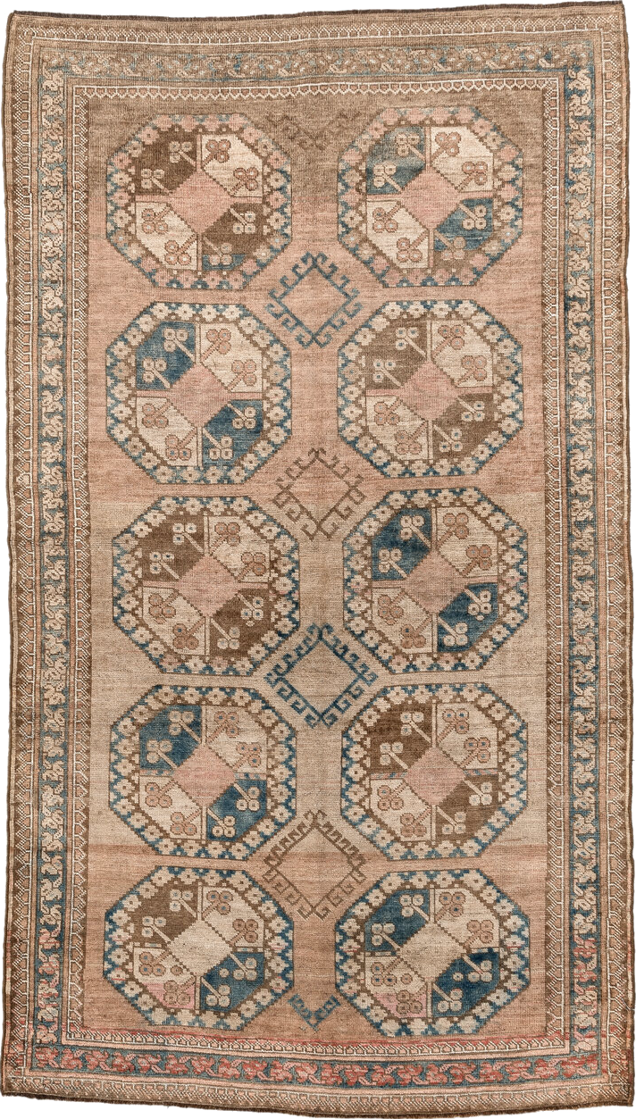 3' x 6' one-of-a-kind handmade vintage Afghan small size rug. Color palette: antiquewhite, blue, brown, dim gray, gray