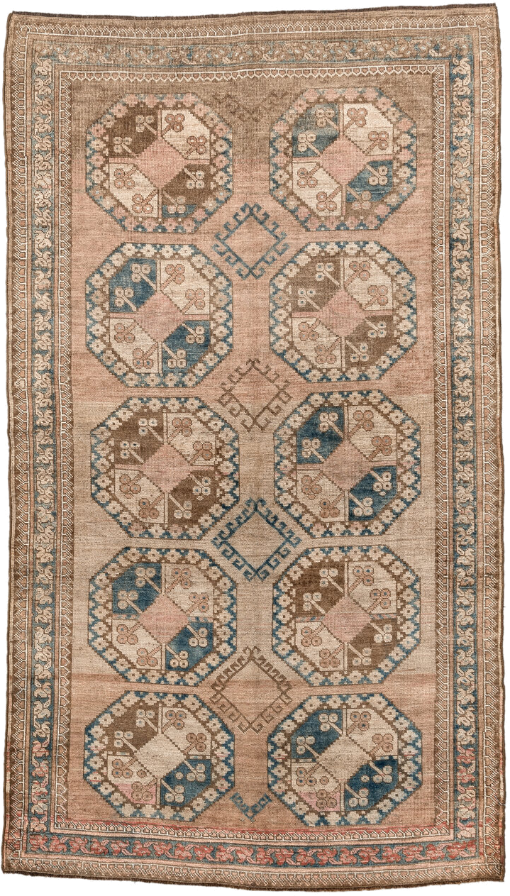 3' x 6' one-of-a-kind handmade antique Afghan small size rug. Color palette: camel, taupe, teal, ivory, rust, rose, brown