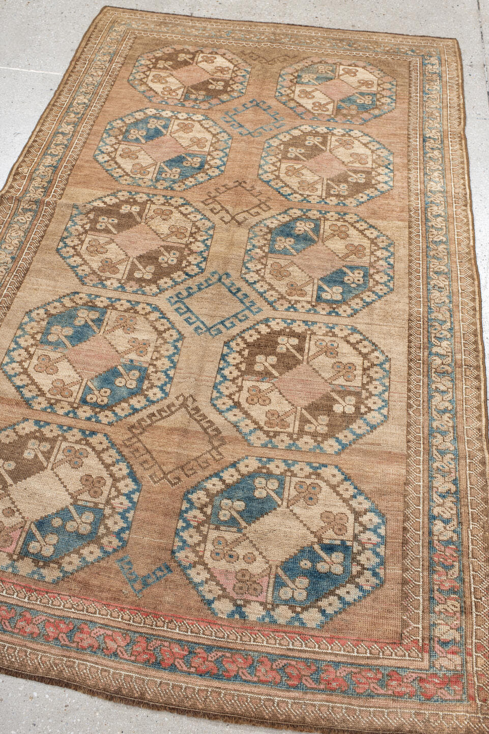 3' x 6' one-of-a-kind handmade antique Afghan small size rug. Color palette: camel, taupe, teal, ivory, rust, rose, brown