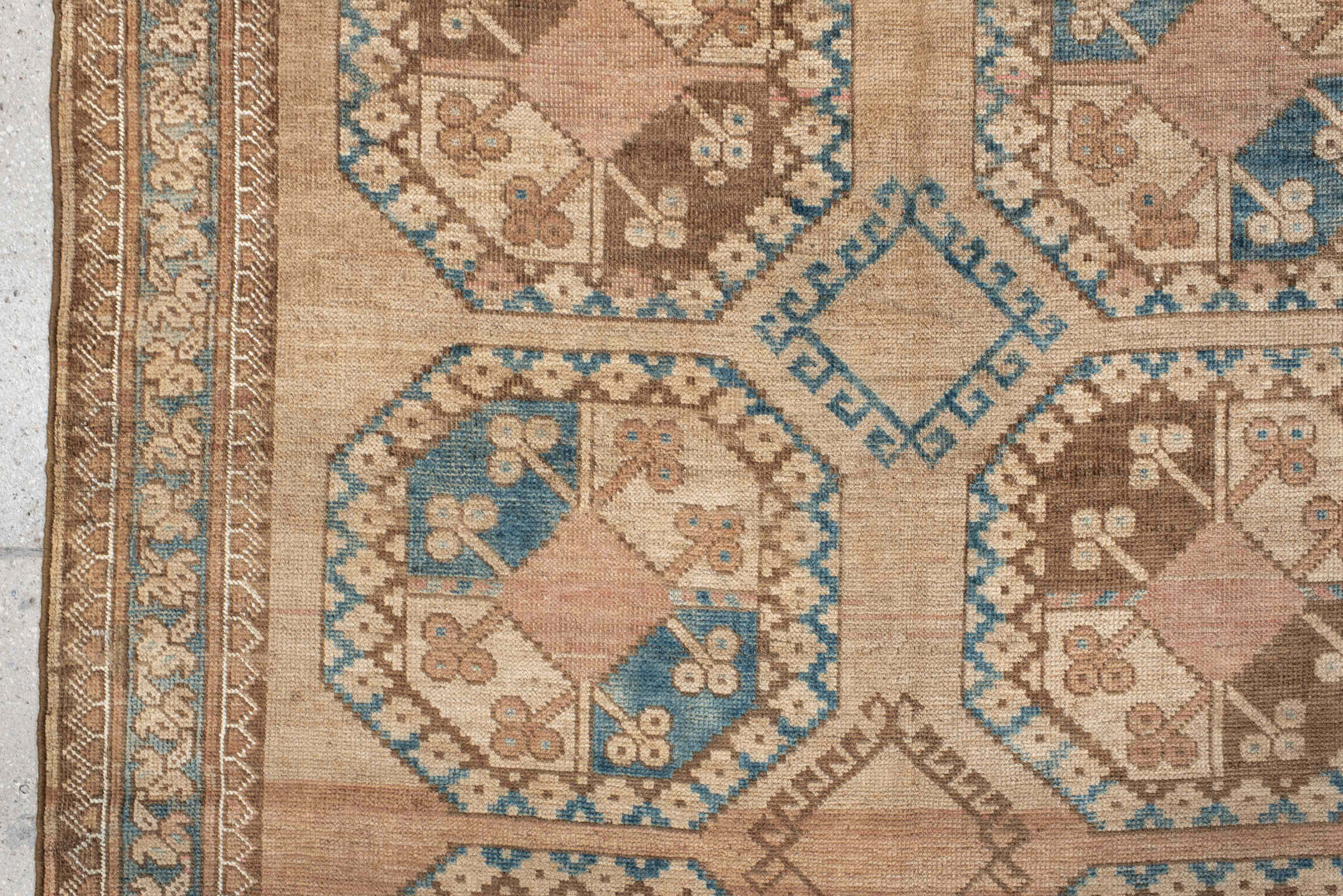 3' x 6' one-of-a-kind handmade antique Afghan small size rug. Color palette: camel, taupe, teal, ivory, rust, rose, brown