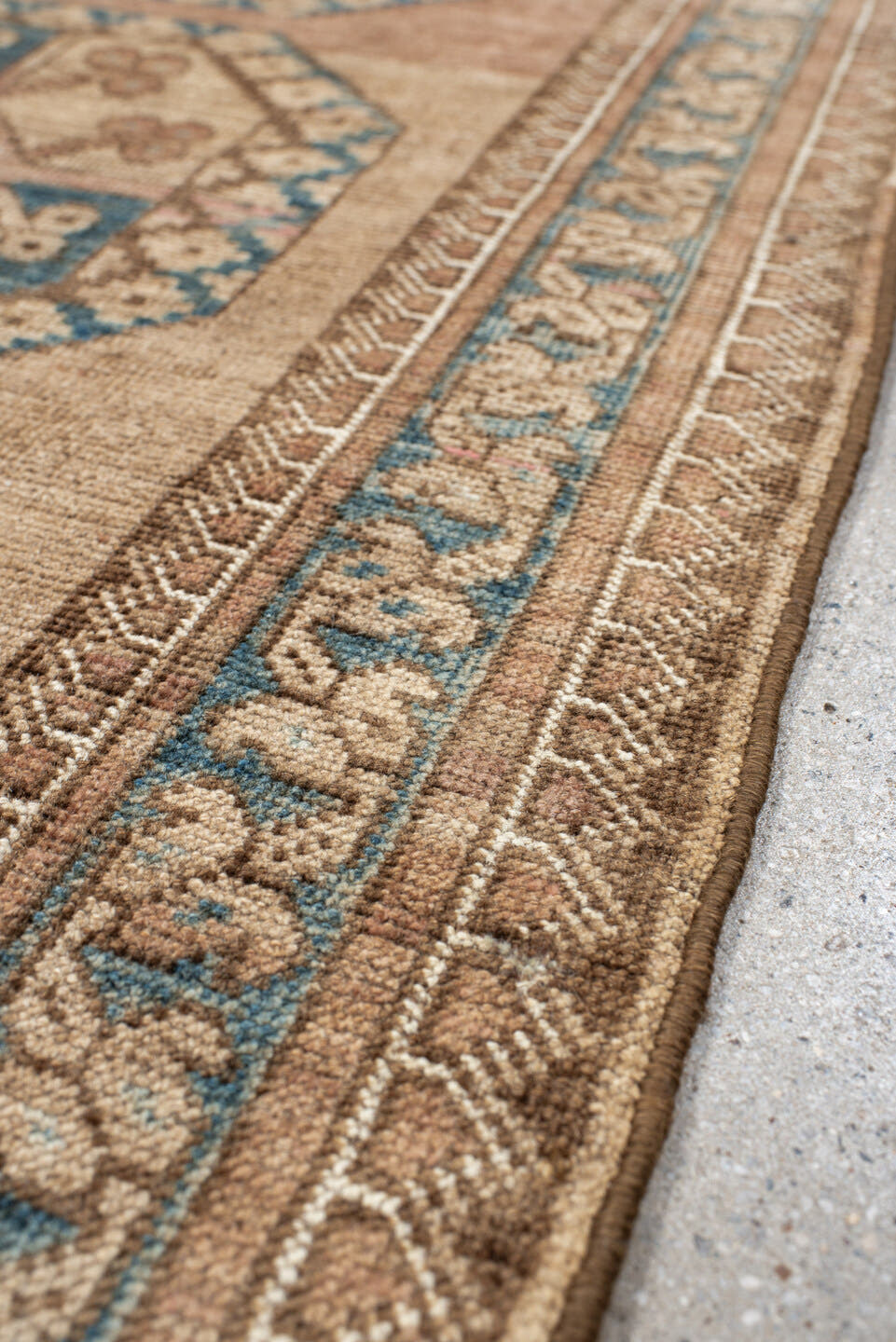 3' x 6' one-of-a-kind handmade antique Afghan small size rug. Color palette: camel, taupe, teal, ivory, rust, rose, brown