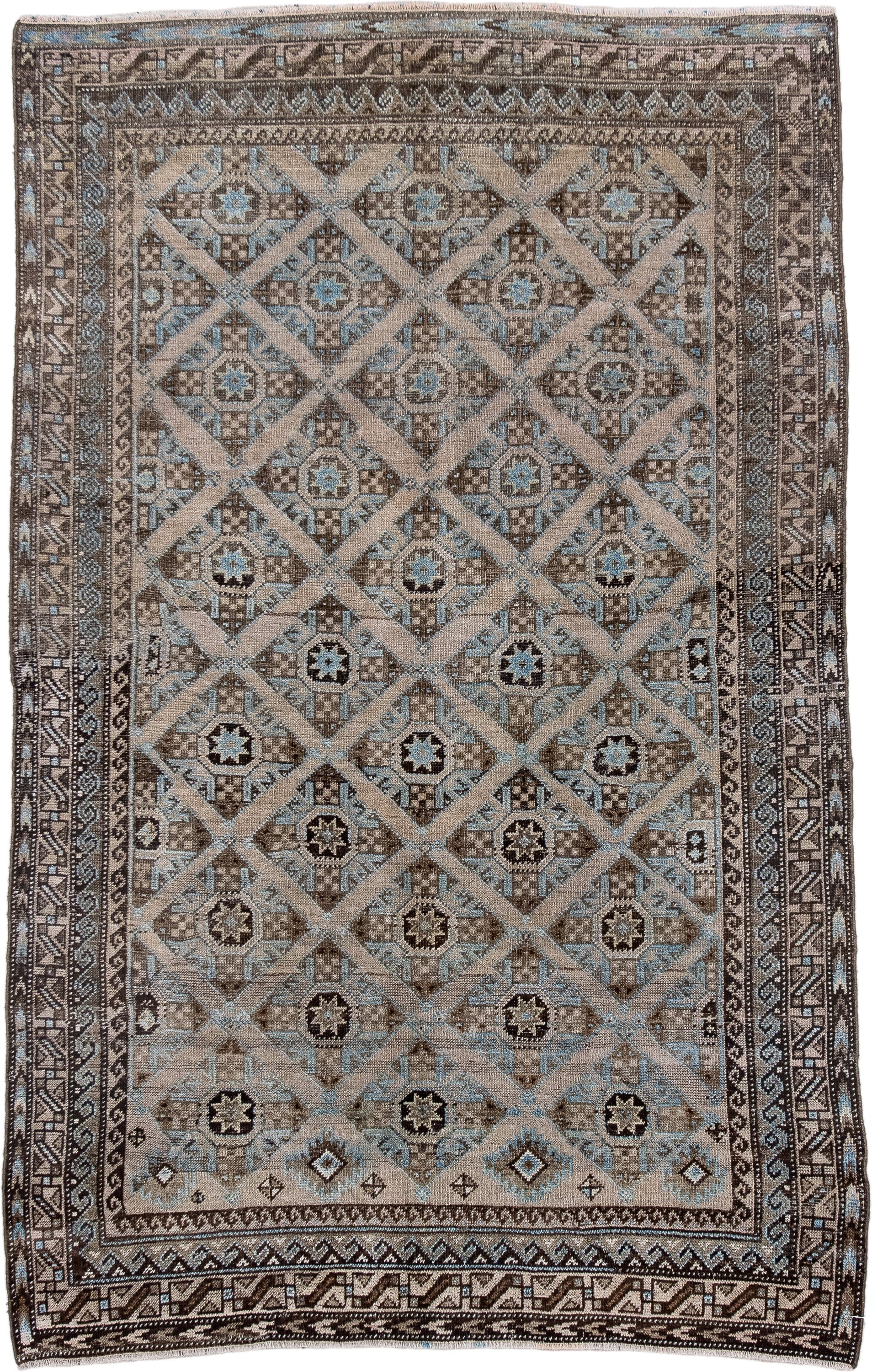 3' x 5' one-of-a-kind handmade antique Belouch small size rug. Color palette: brown, camel, ivory, sky blue, taupe, charcoal
