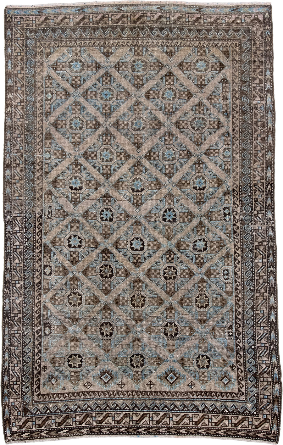 3' x 5' one-of-a-kind handmade antique Belouch small size rug. Color palette: brown, camel, ivory, sky blue, taupe, charcoal