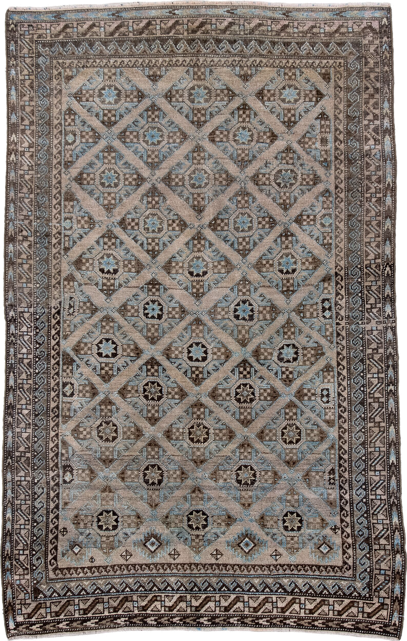 3' x 5' one-of-a-kind handmade vintage Belouch small size rug. Color palette: black, blue, charcoal, dark gray, dim gray