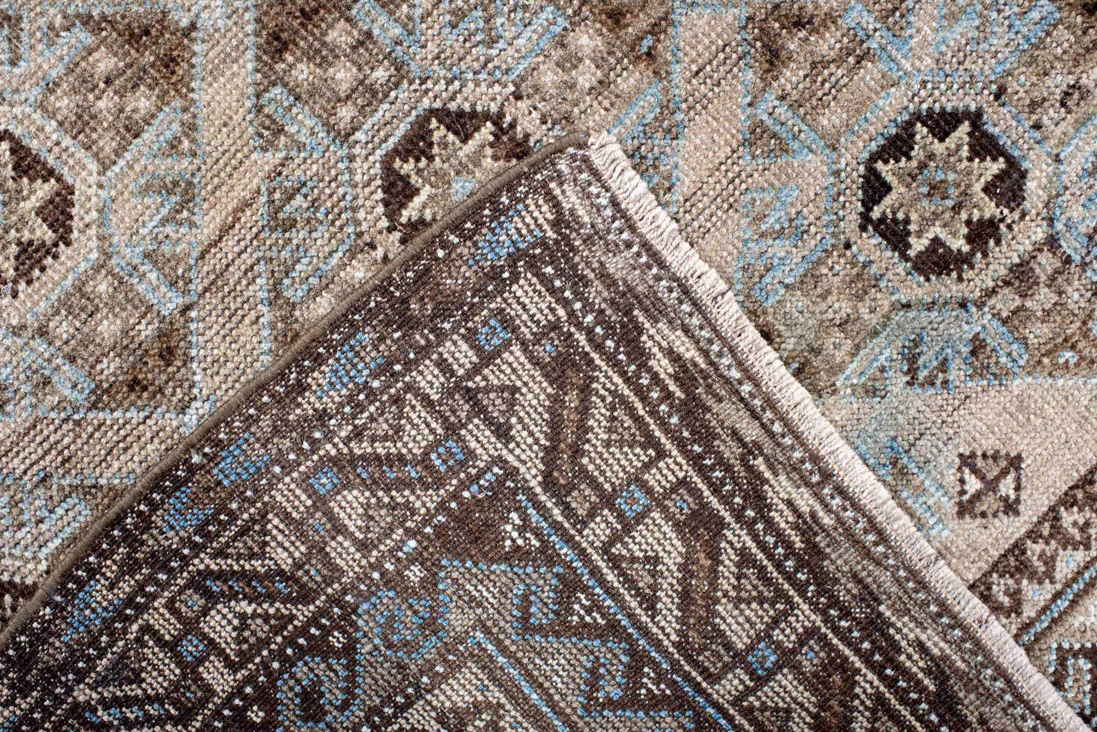 3' x 5' one-of-a-kind handmade antique Belouch small size rug. Color palette: brown, camel, ivory, sky blue, taupe, charcoal