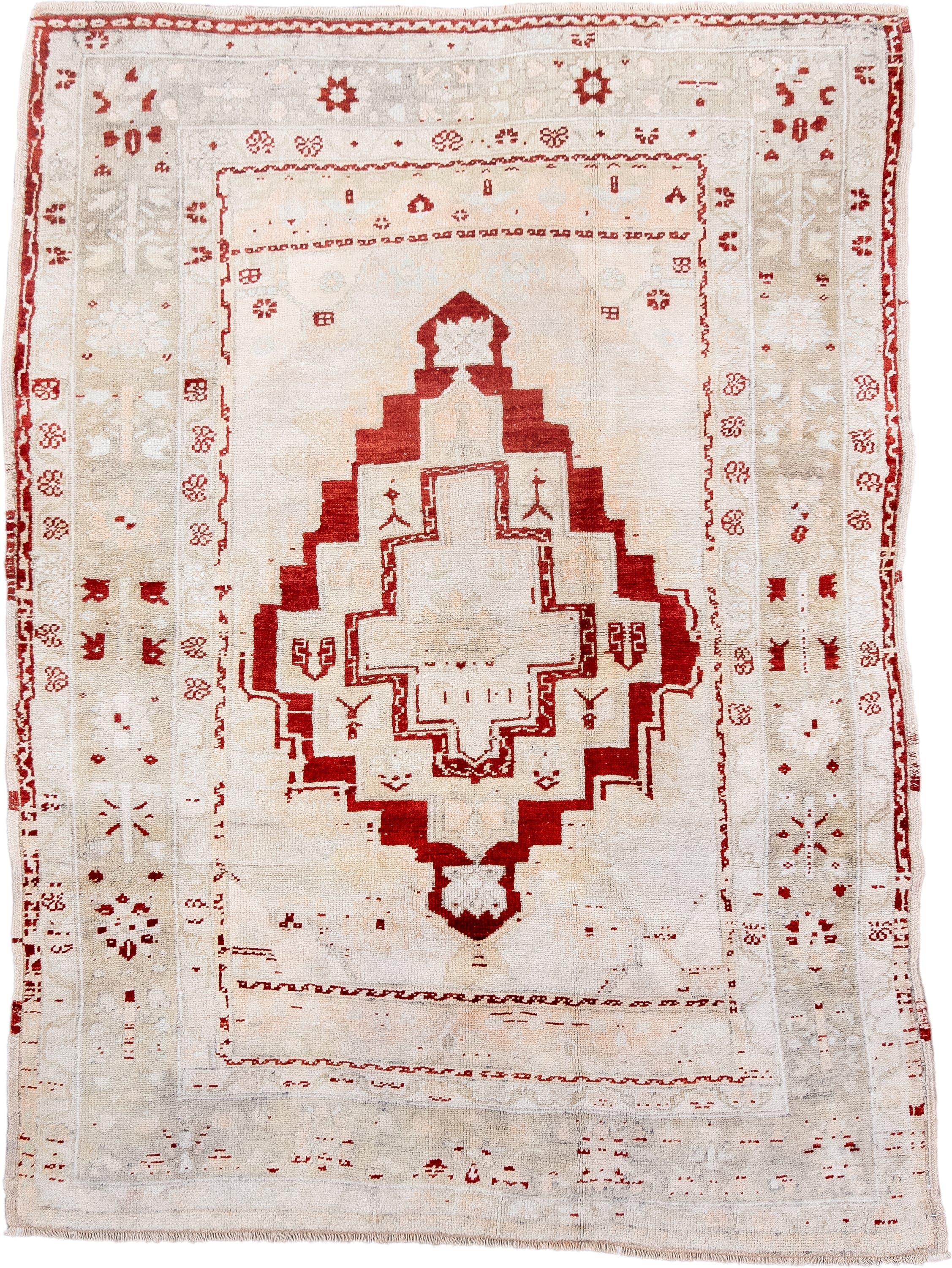 4' x 5' one-of-a-kind handmade antique Anatolian small size rug. Color palette: ivory, red, cream, taupe, beige, gray