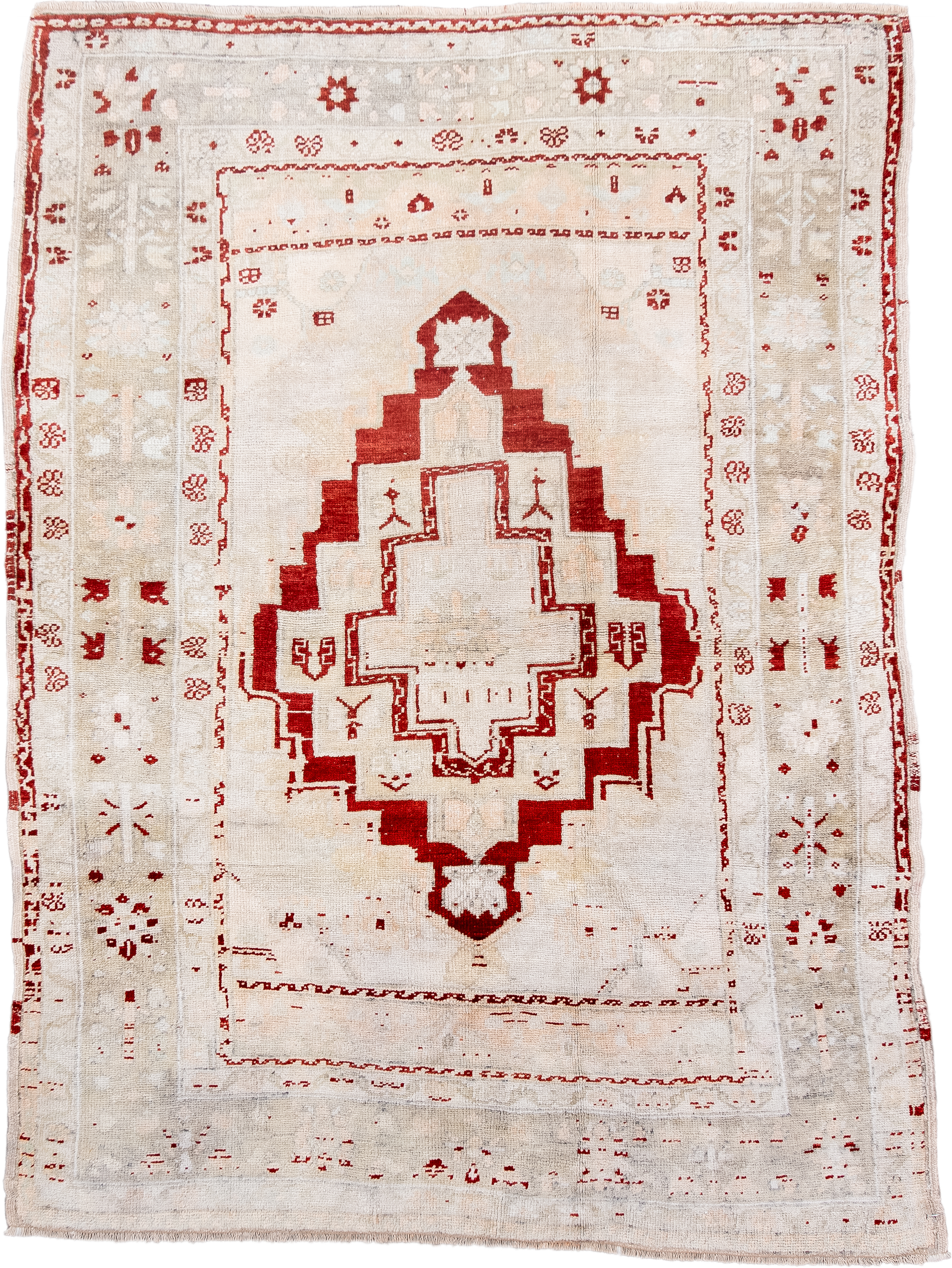 4' x 5' one-of-a-kind handmade antique Anatolian small size rug. Color palette: ivory, red, cream, taupe, beige, gray