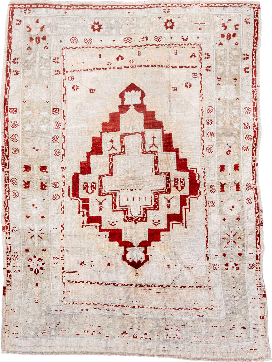 4' x 5' one-of-a-kind handmade antique Anatolian small size rug. Color palette: ivory, red, cream, taupe, beige, gray