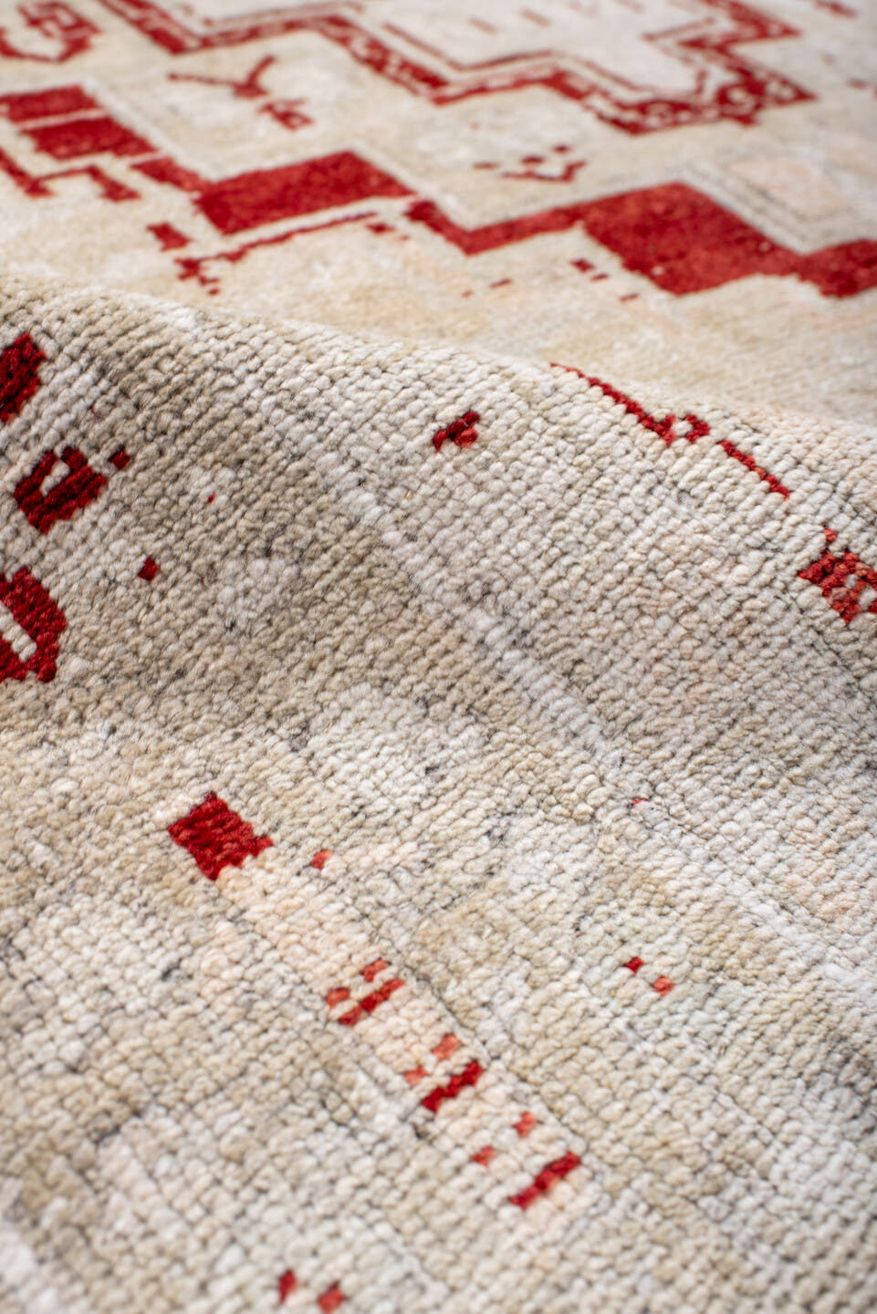 4' x 5' one-of-a-kind handmade antique Anatolian small size rug. Color palette: ivory, red, cream, taupe, beige, gray