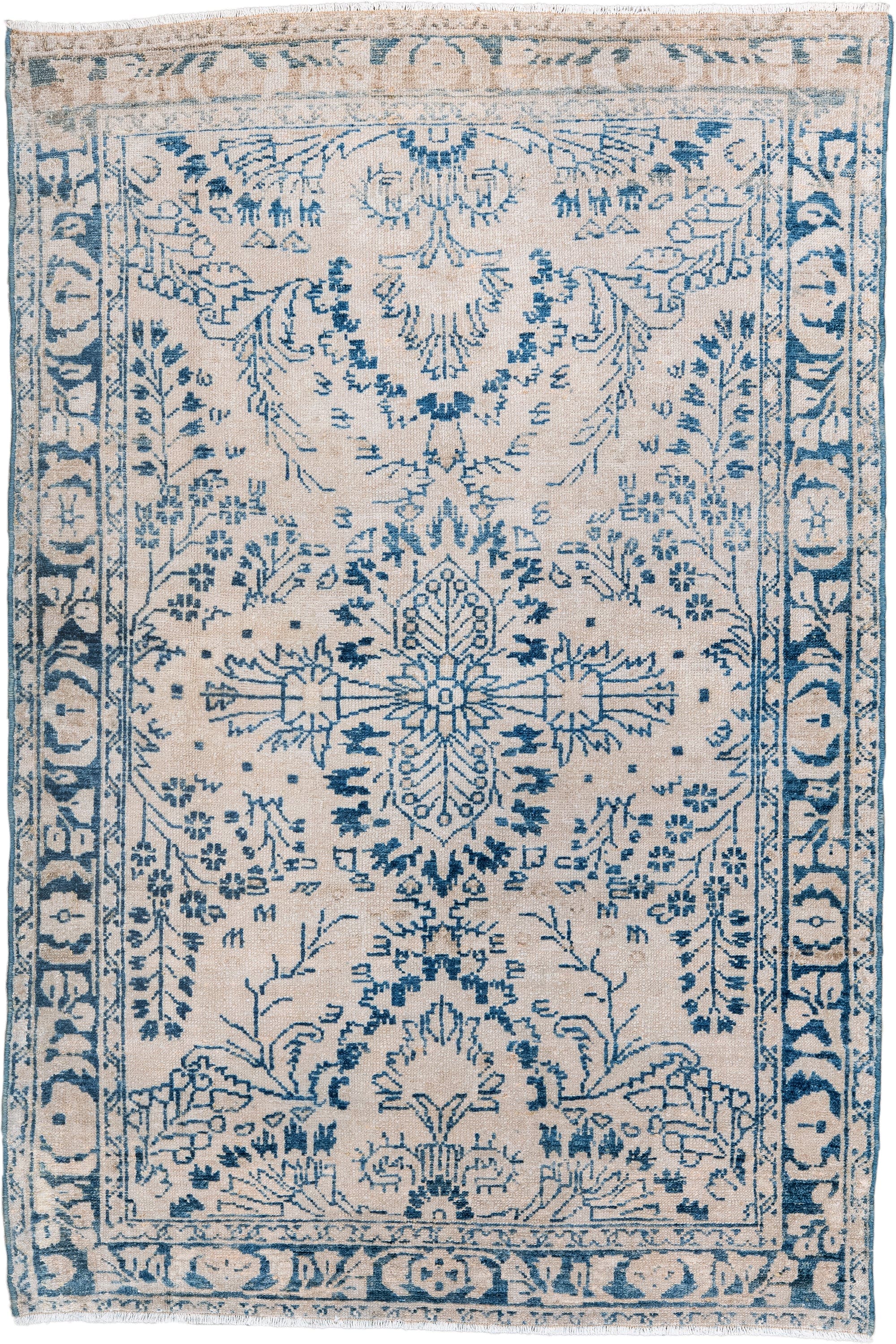 3' x 5' one-of-a-kind handmade antique Hamadan small size rug. Color palette: ivory, sky blue, slate blue, cream, taupe