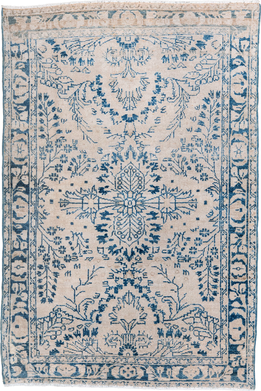 3' x 5' one-of-a-kind handmade antique Hamadan small size rug. Color palette: ivory, sky blue, slate blue, cream, taupe