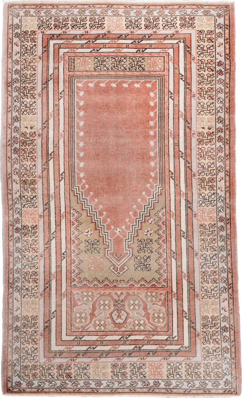 3' x 5' one-of-a-kind handmade antique Anatolian small size rug. Color palette: blush, ivory, charcoal, taupe, rose, camel