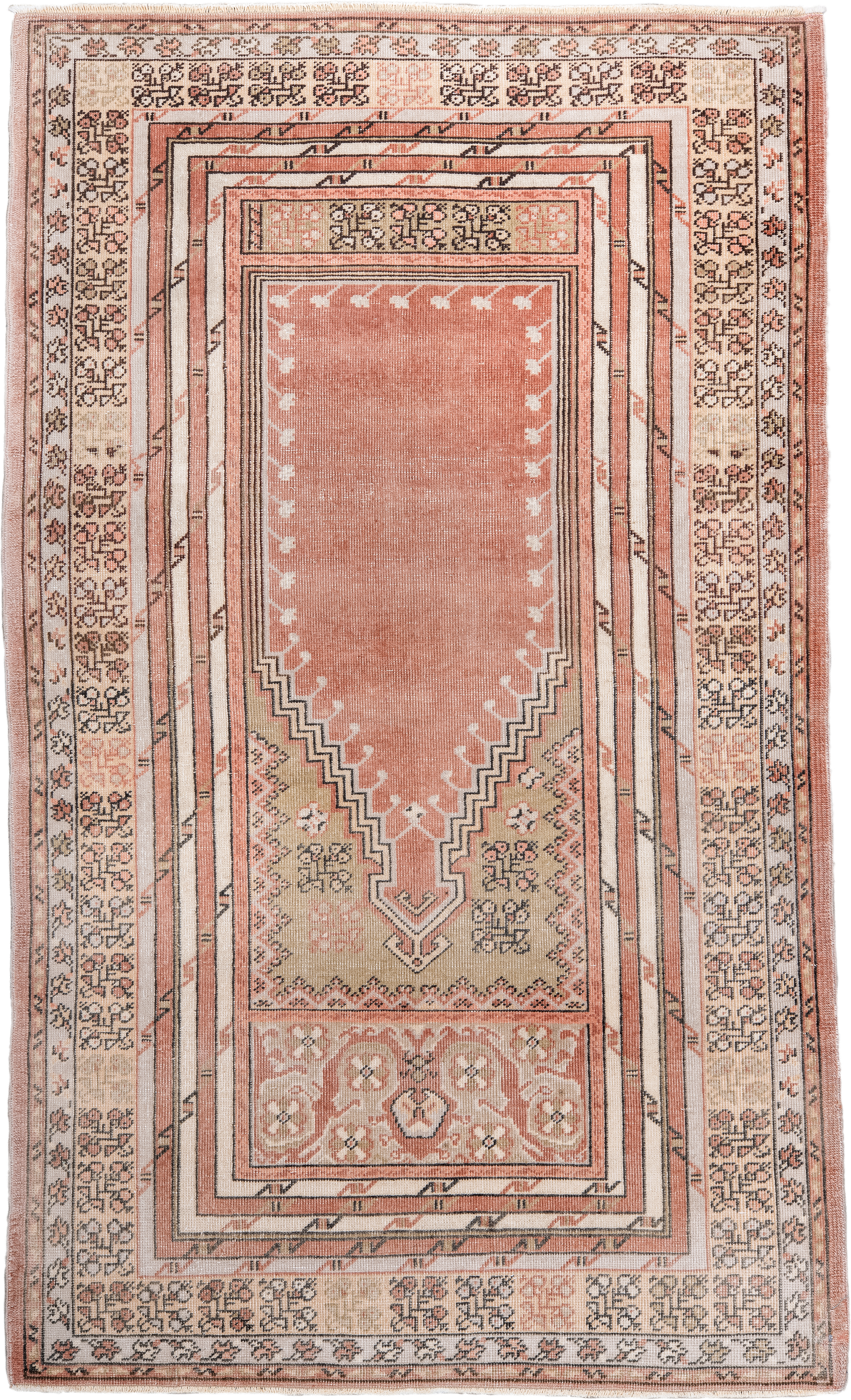 3' x 5' one-of-a-kind handmade antique Anatolian small size rug. Color palette: blush, ivory, charcoal, taupe, rose, camel