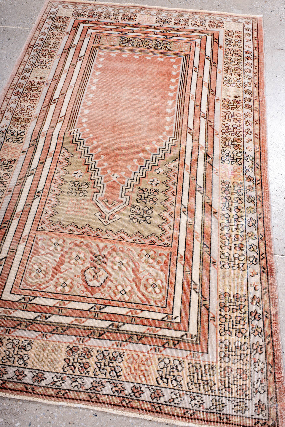 3' x 5' one-of-a-kind handmade antique Anatolian small size rug. Color palette: blush, ivory, charcoal, taupe, rose, camel