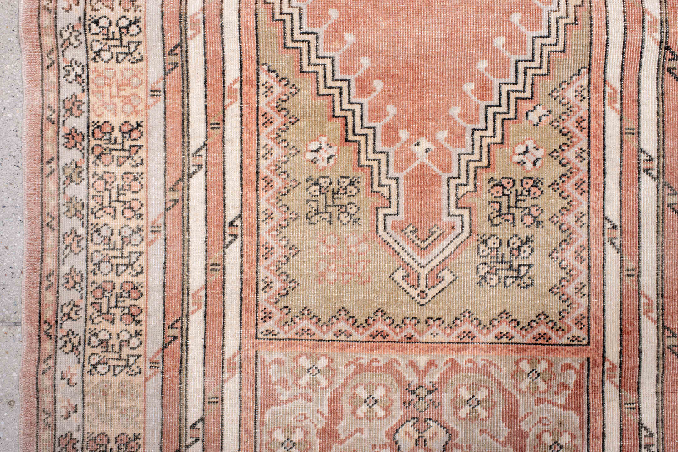 3' x 5' one-of-a-kind handmade antique Anatolian small size rug. Color palette: blush, ivory, charcoal, taupe, rose, camel