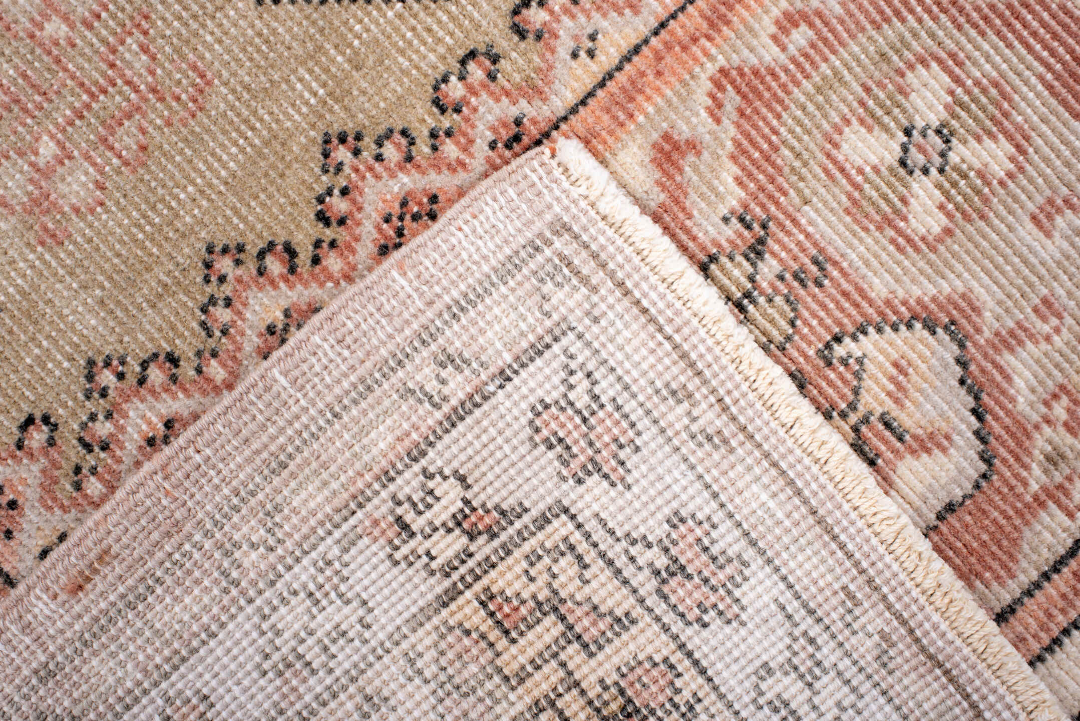3' x 5' one-of-a-kind handmade antique Anatolian small size rug. Color palette: blush, ivory, charcoal, taupe, rose, camel