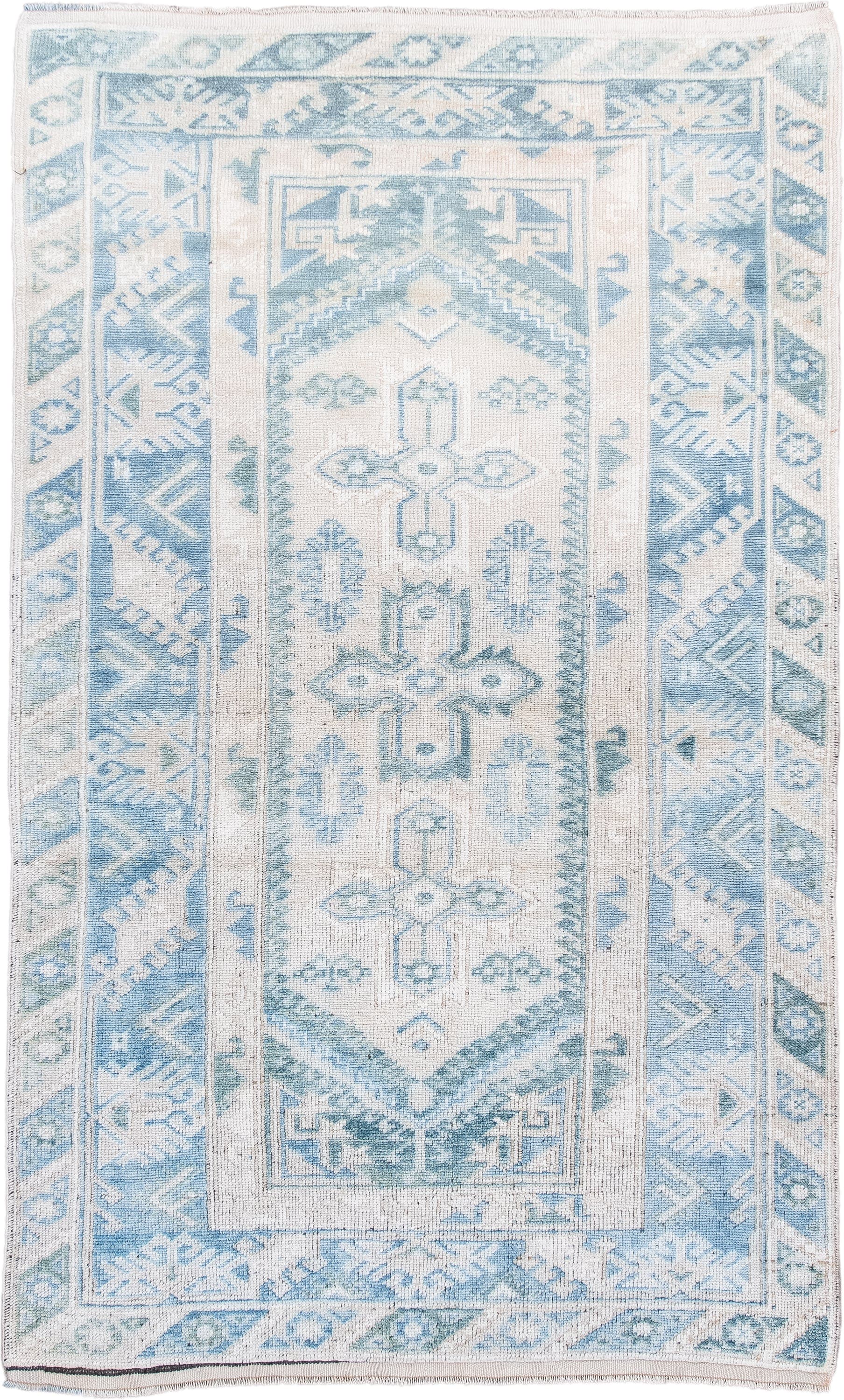 3' x 6' one-of-a-kind handmade antique Anatolian small size rug. Color palette: ivory, sky blue, pale blue, cream, aqua