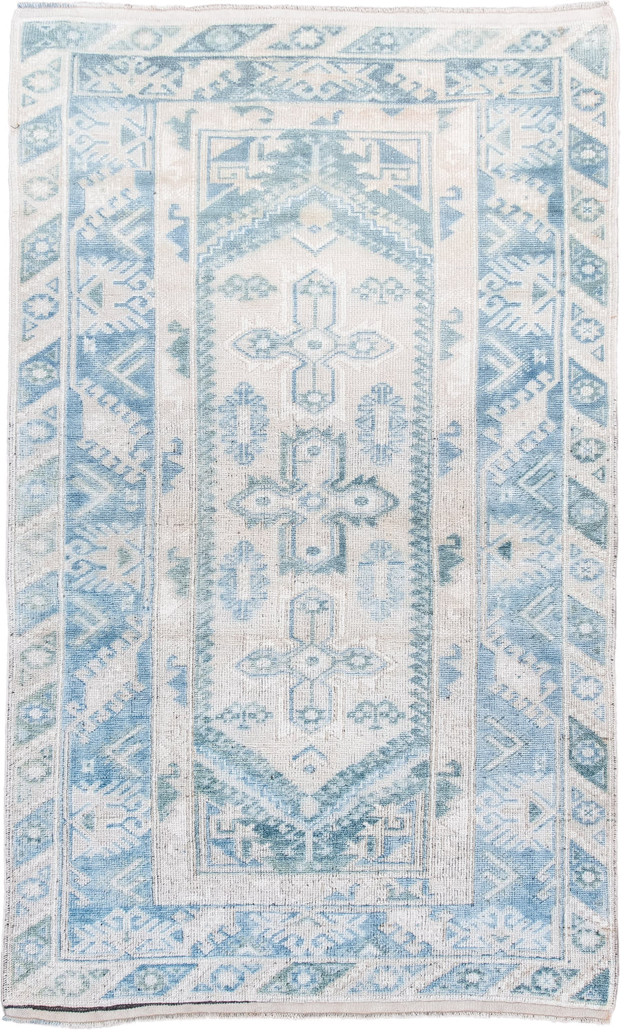 3' x 6' one-of-a-kind handmade antique Anatolian small size rug. Color palette: ivory, sky blue, pale blue, cream, aqua