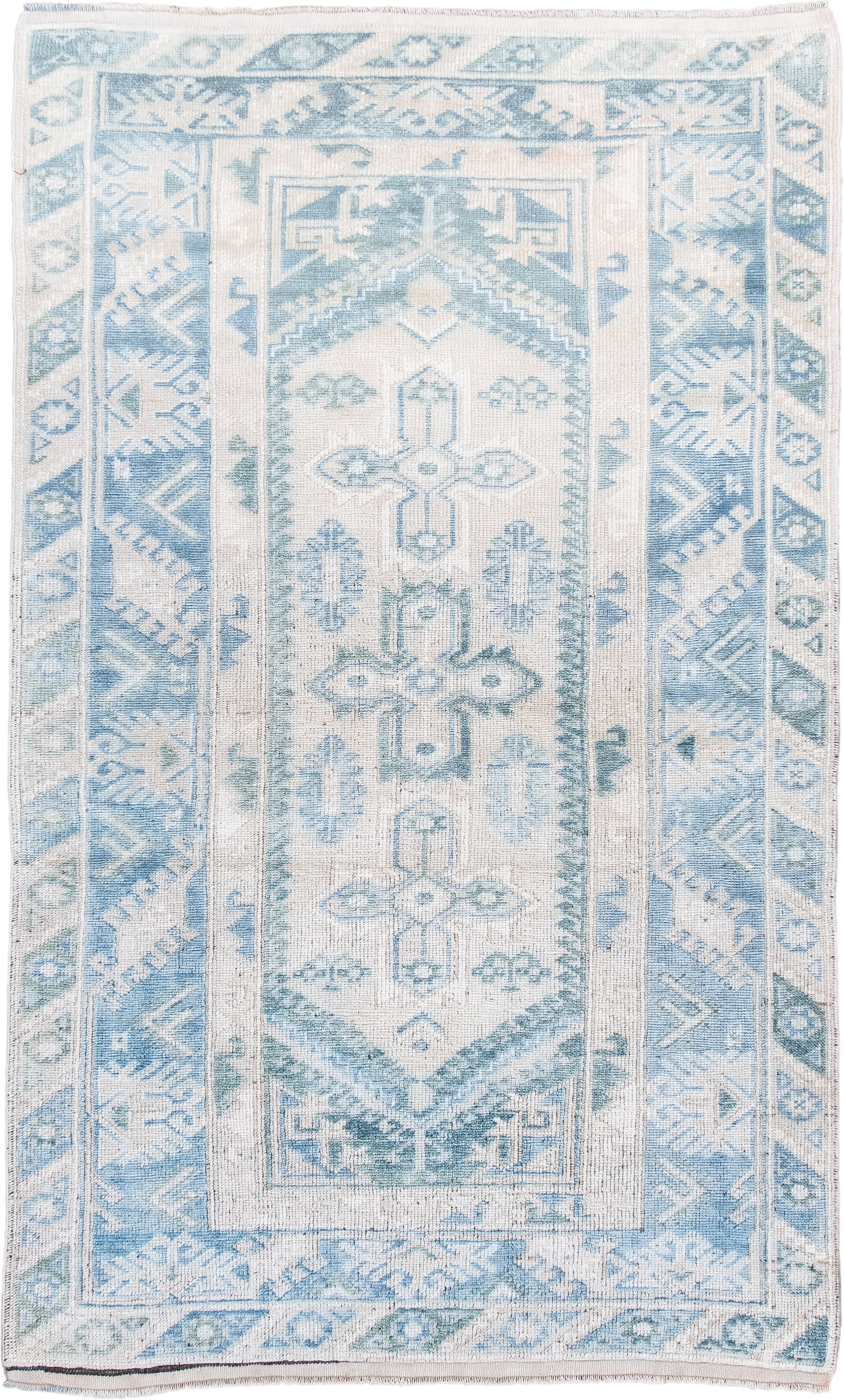 3' x 6' one-of-a-kind handmade antique Anatolian small size rug. Color palette: ivory, sky blue, pale blue, cream, aqua