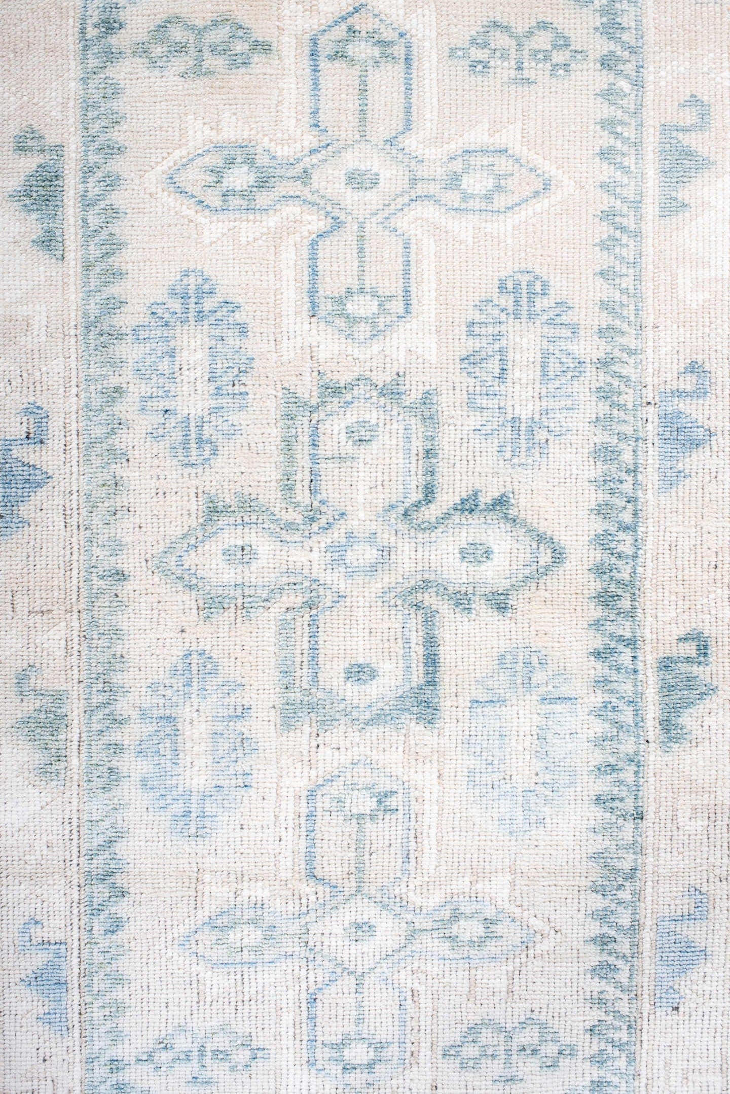 3' x 6' one-of-a-kind handmade antique Anatolian small size rug. Color palette: ivory, sky blue, pale blue, cream, aqua