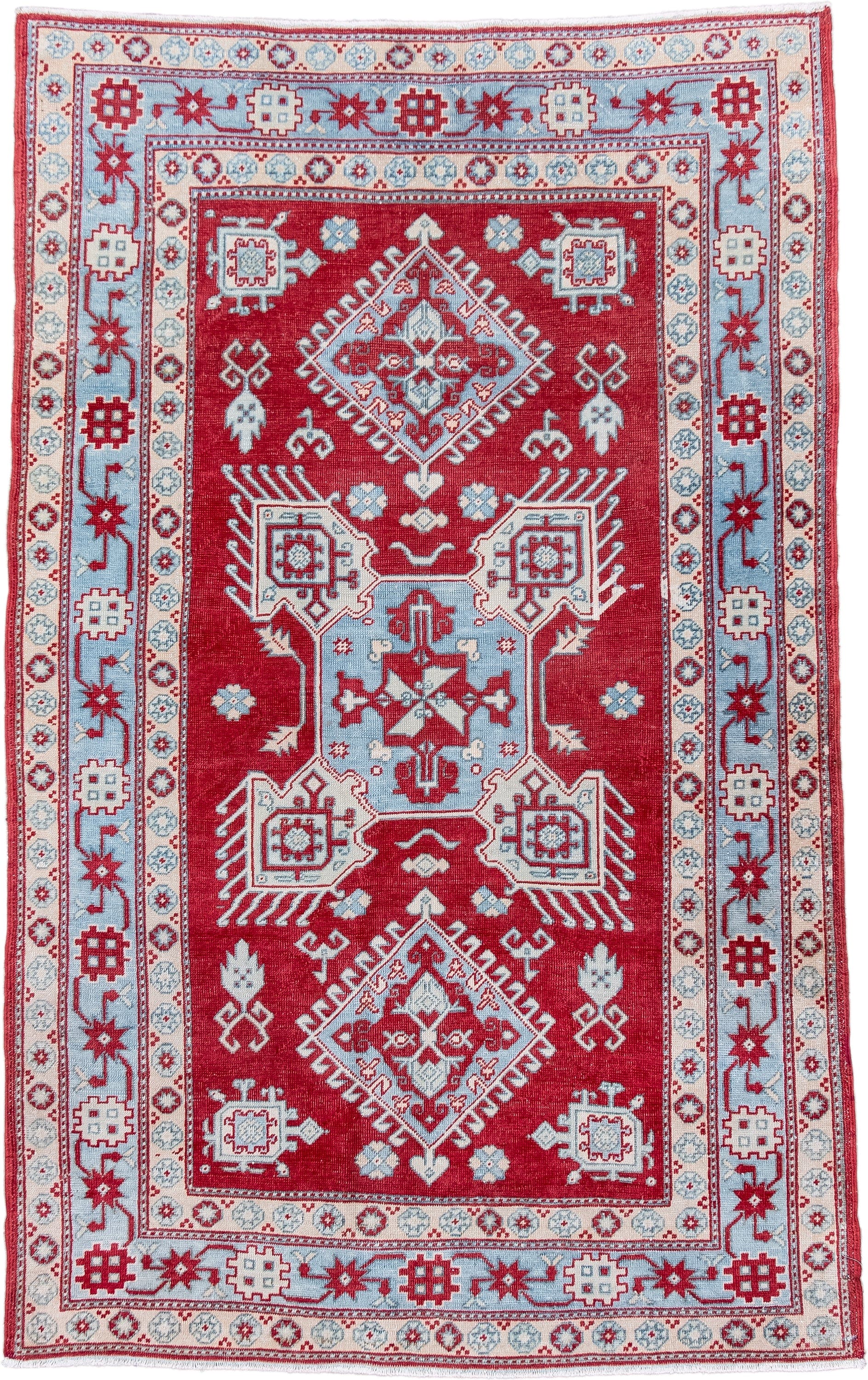 3' x 5' one-of-a-kind handmade antique Sivas small size rug. Color palette: red, ivory, pale blue, crimson, sky blue