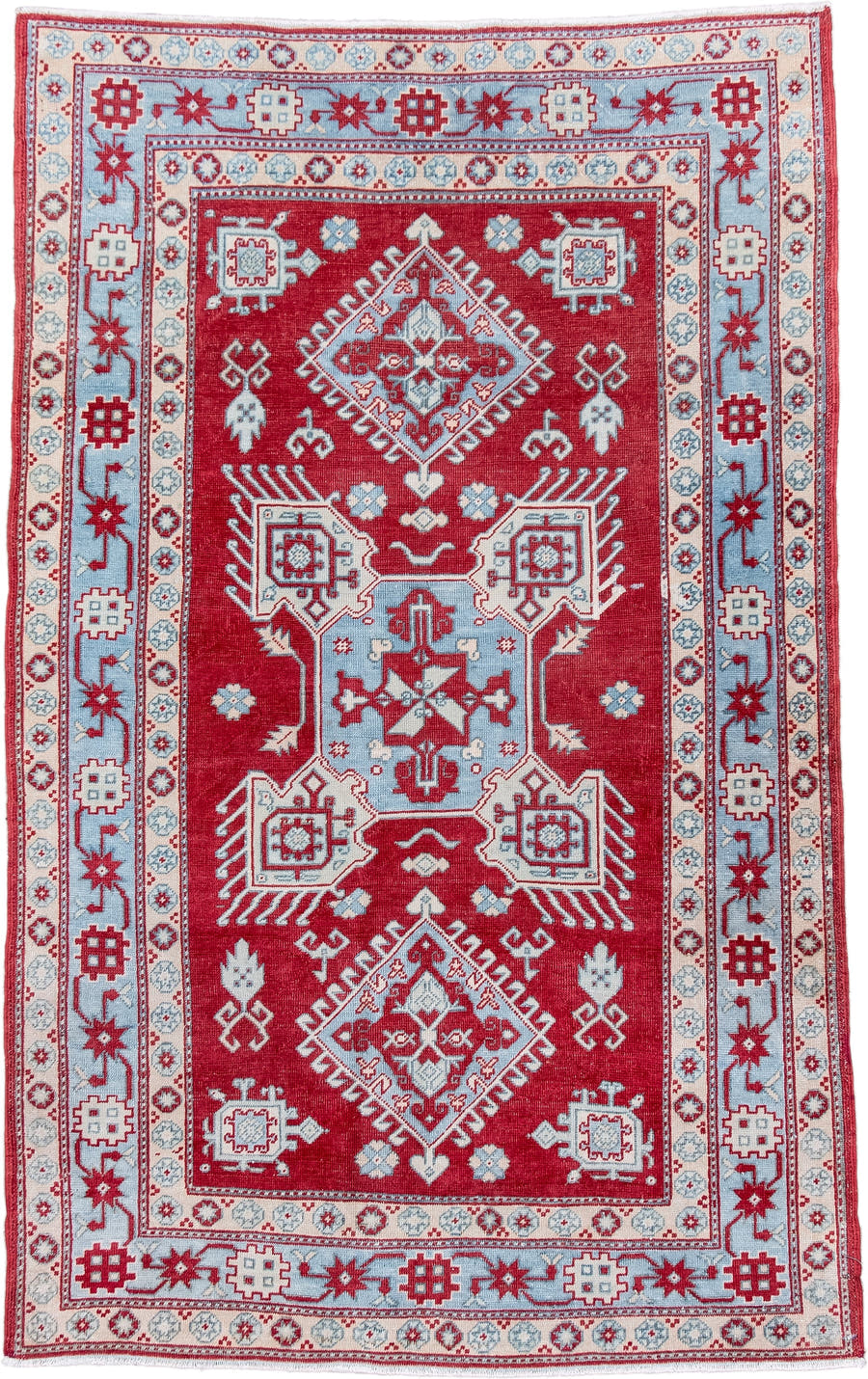 3' x 5' one-of-a-kind handmade antique Sivas small size rug. Color palette: red, ivory, pale blue, crimson, sky blue