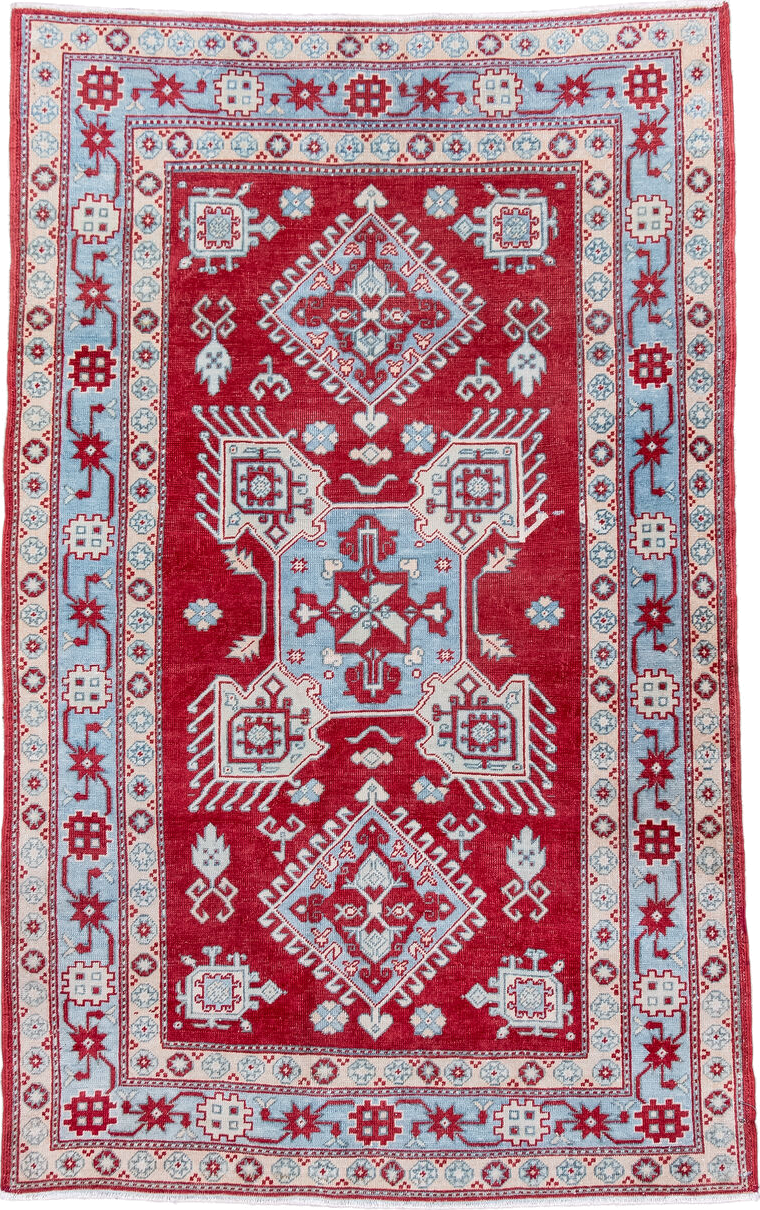 3' x 5' one-of-a-kind handmade antique Sivas small size rug. Color palette: red, ivory, pale blue, crimson, sky blue
