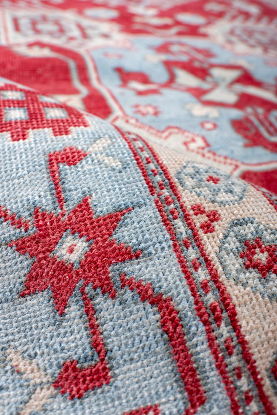 3' x 5' one-of-a-kind handmade antique Sivas small size rug. Color palette: red, ivory, pale blue, crimson, sky blue