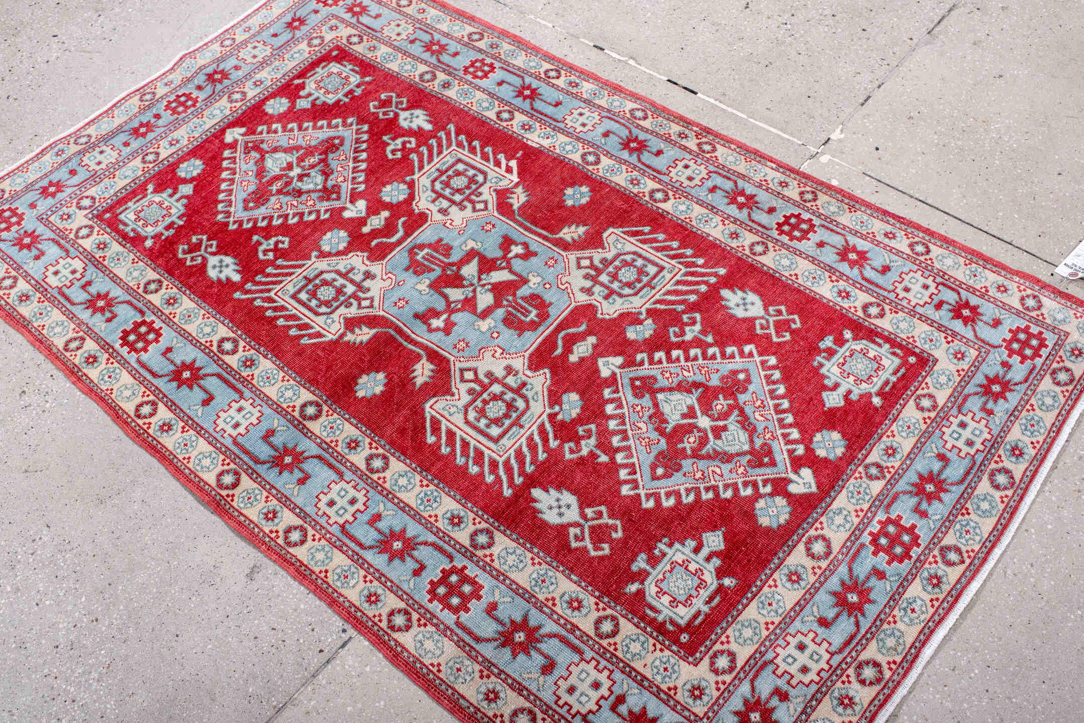 3' x 5' one-of-a-kind handmade antique Sivas small size rug. Color palette: red, ivory, pale blue, crimson, sky blue
